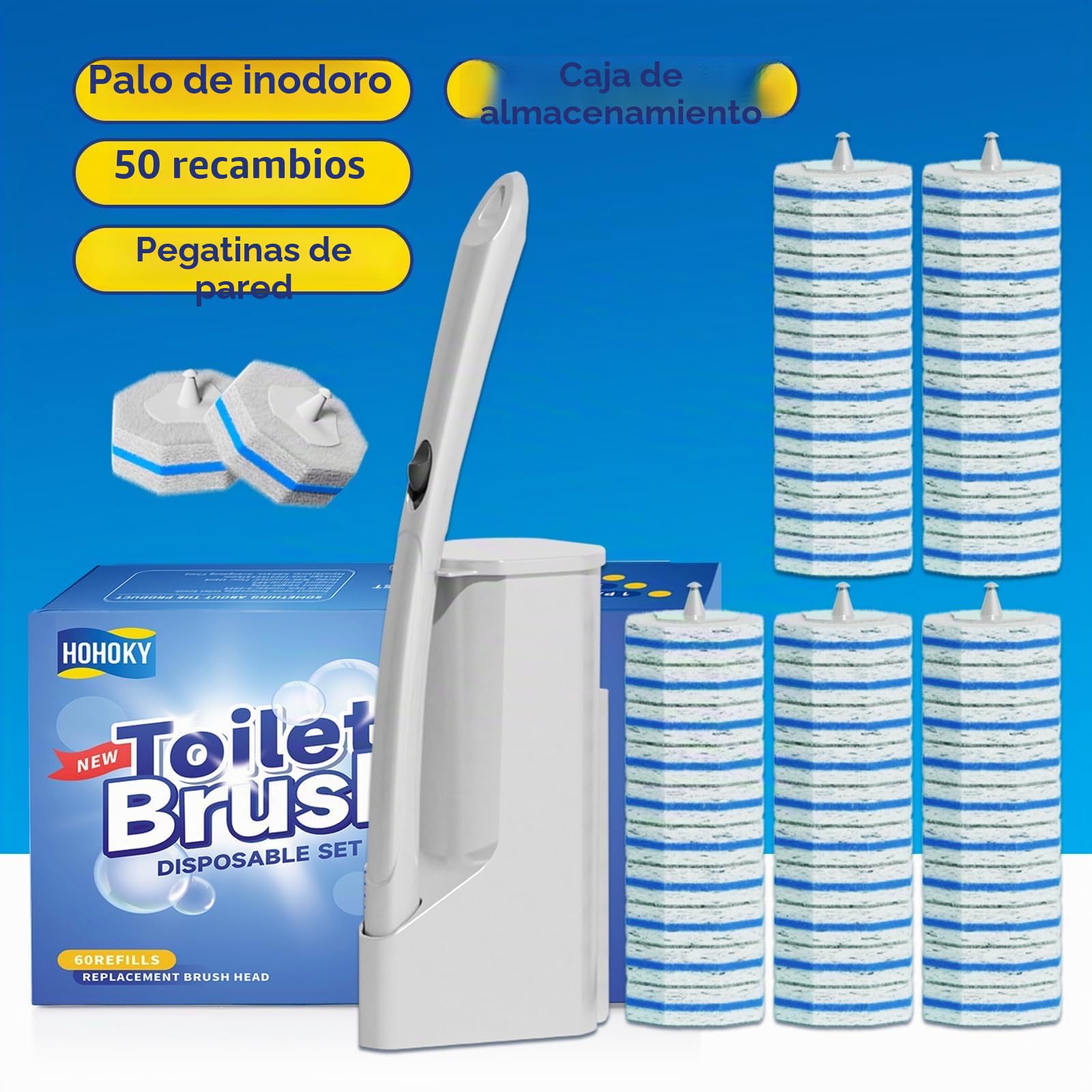 Sistema de Limpieza de Cepillo de Inodoro desechable, Cepillo de Limpieza de Inodoro, 50 Cabezales de Cepillo de Repuesto, Palo de Limpieza de Inodoro, Kit de Varita de toliet montado en la Pared,