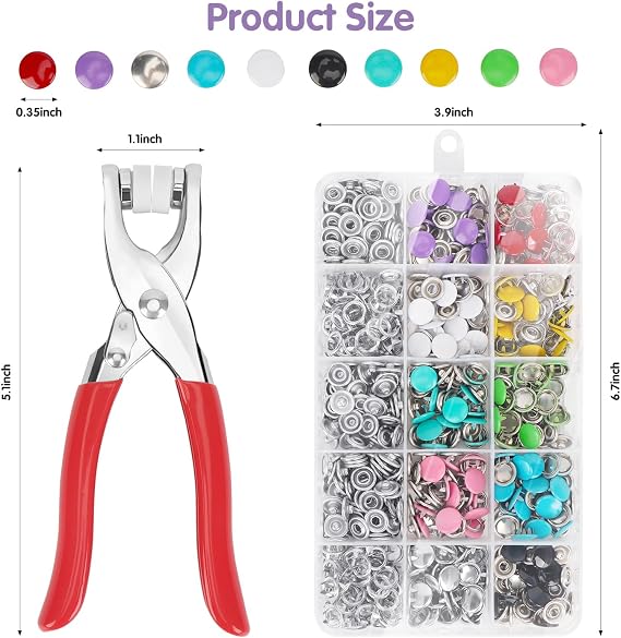 OWill Poppers Fasteners, 200 Set Press Studs Snap Fasteners Kit with Fastener Pliers, 9.5mm 10 Colour Metal Snap Buttons Kit for Fabric Clothes Bag DIY Crafts Supplies