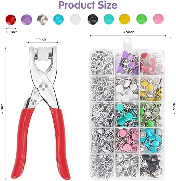 OWill Poppers Fasteners, 200 Set Press Studs Snap Fasteners Kit with Fastener Pliers, 9.5mm 10 Colour Metal Snap Buttons Kit for Fabric Clothes Bag DIY Crafts Supplies