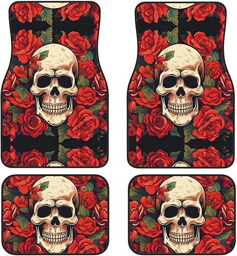 Car Mats Set of 4 Sugar Skull Rose Printed Floor Mats for Cars Car Mats All Weather for Most Cars Sedan SUV Truck Nibbed Backing Floor Mats Car Accessories
