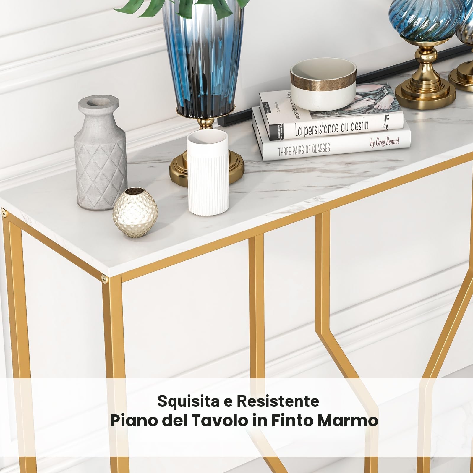 GIANTEX Tavolo Consolle Effetto Marmo con Struttura Geometrica | Tavolo da Ingresso Bianco Oro, Tavolino da Divano 110x30x80 cm