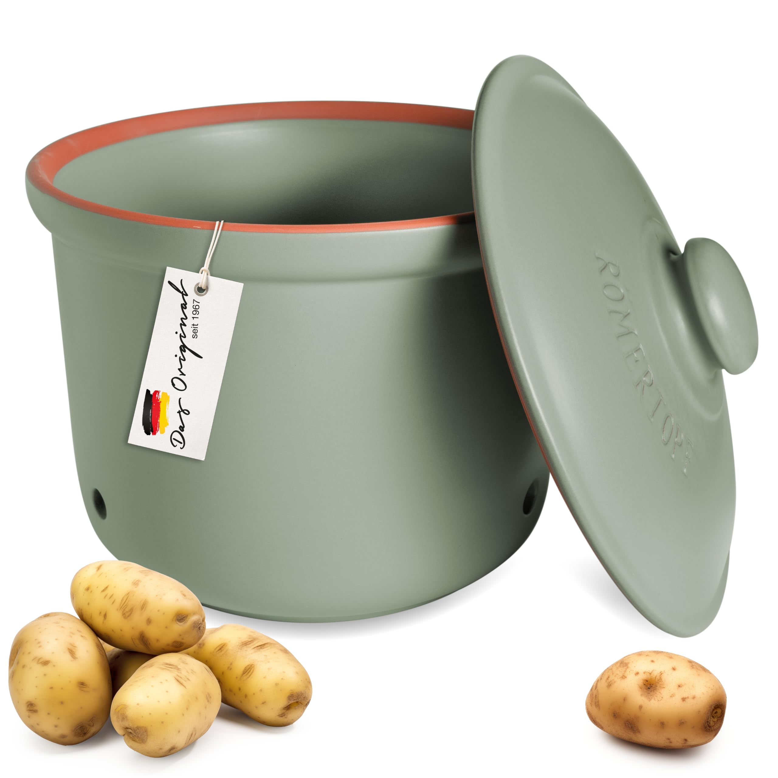 Romertopf Kartoffeltopf Keramik Kartoffelaufbewahrung MAXI PLUS Grün | 5,5 Liter, Ø 26 cm, für rund 4 kg Kartoffeln, belüftet und lichtgeschützt, Naturton, Handwäsche