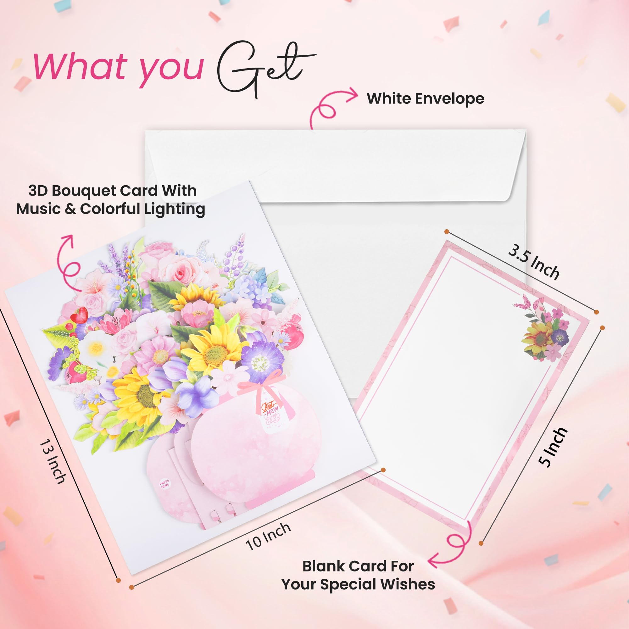 Tarjeta Emergente 3D Para El Día De La Madre, Ramo Flores Surtidas Con Luz Musical, Felicitación Floral Decorativa, Sobre Y Notas En , Perfecta Cumpleaños, Blanco