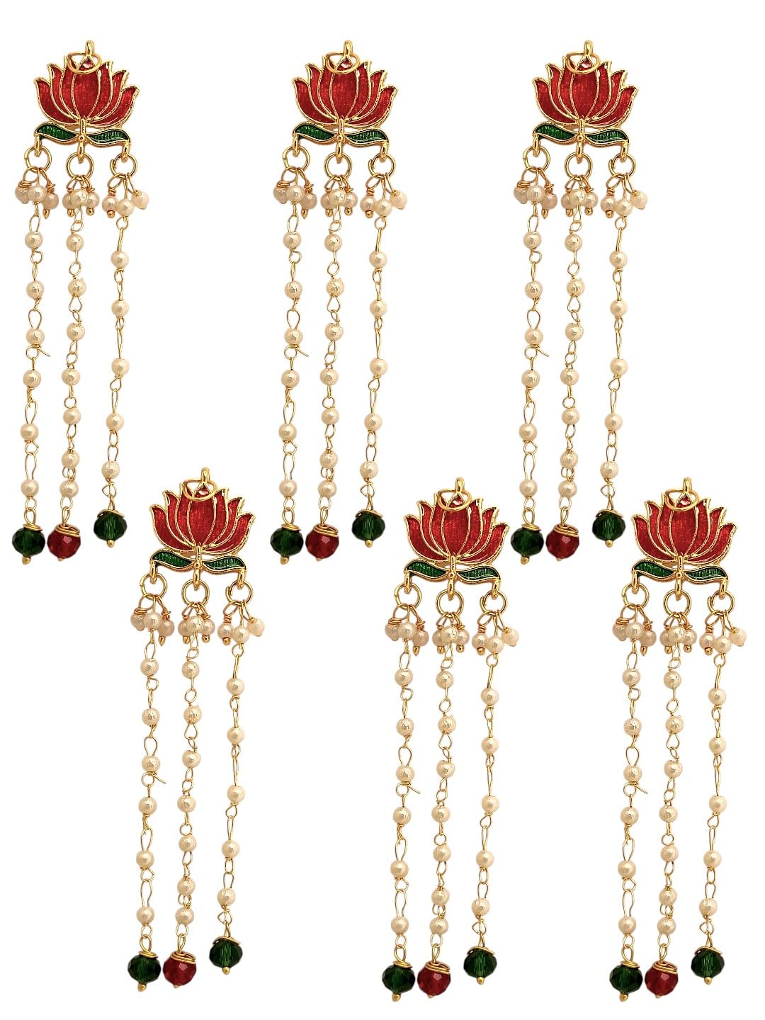 Femmibella Set Of 6 Gold Plated Red Lotus Meenakari U Pin Head Jewellery For Women and Girls-image-34
