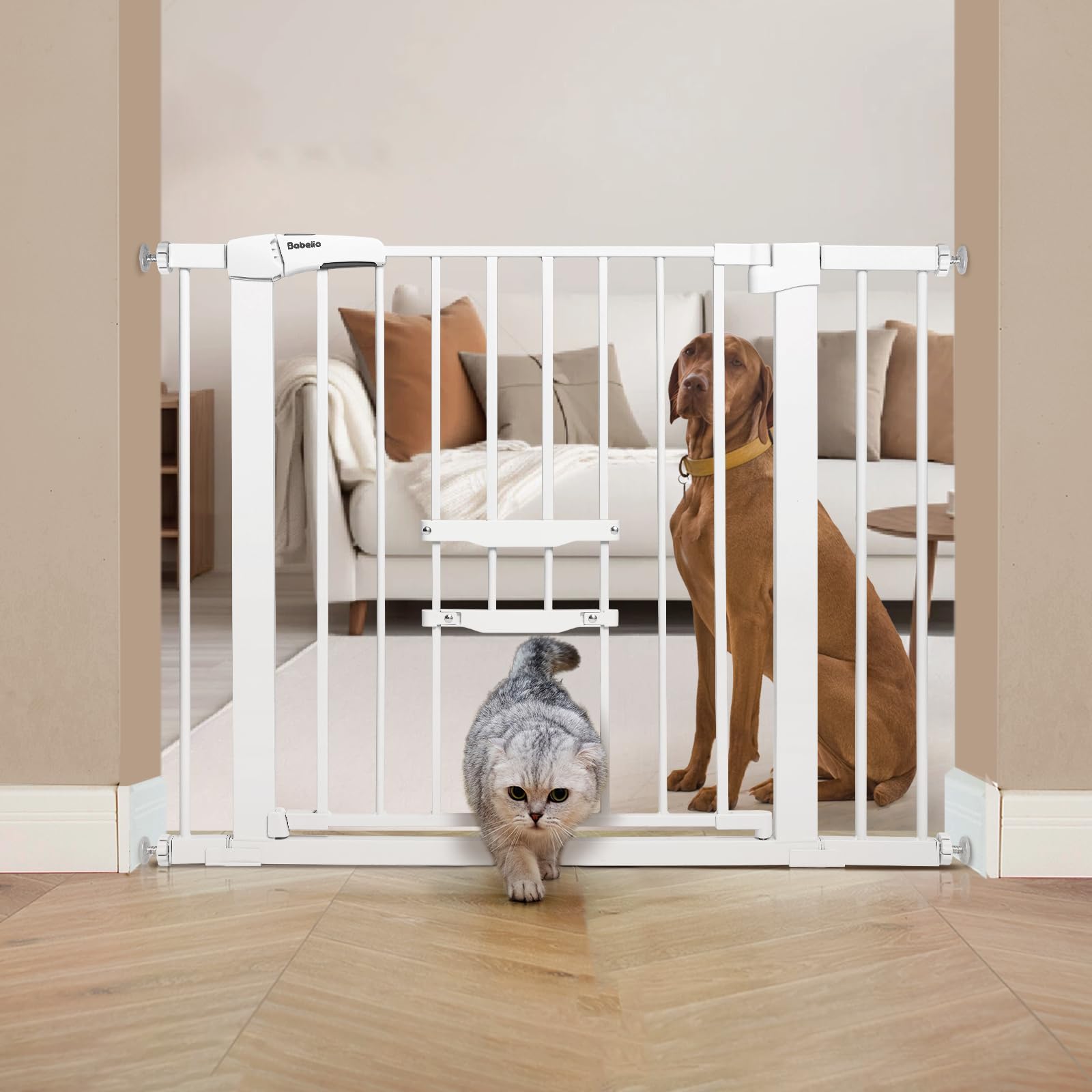 BABELIO New Version Baby Gate with Cat Door, 29.5-40" Metal Cat Gate for Stairs & Doorways, Easy Walk Thru Dog Gate with Pet Door, with Wall Cups, White