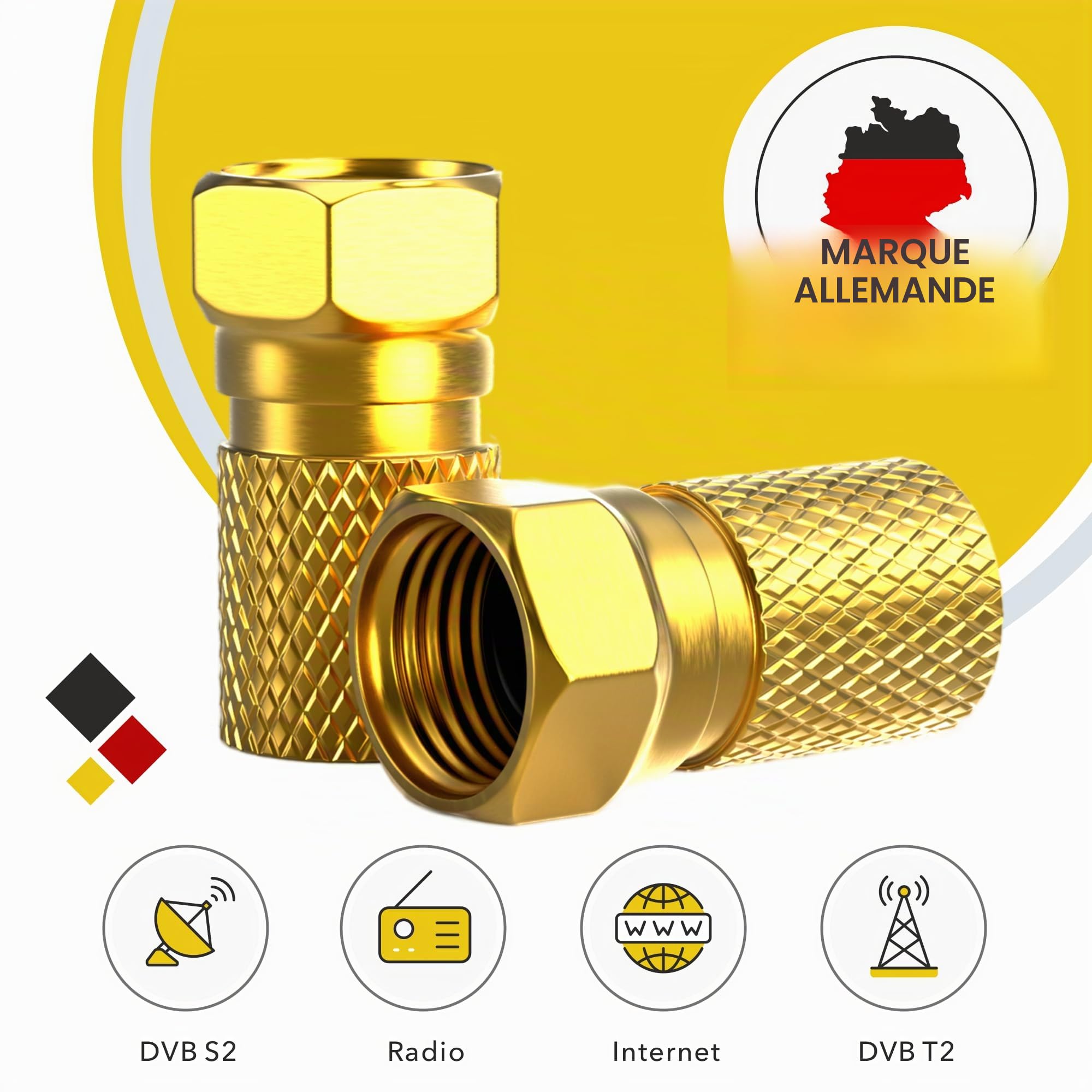 Connecteur F 7mm Fiche F 10 pièces dorées Joint caoutchouc Ecrou large Câble coaxial SAT LNB satellite à visser