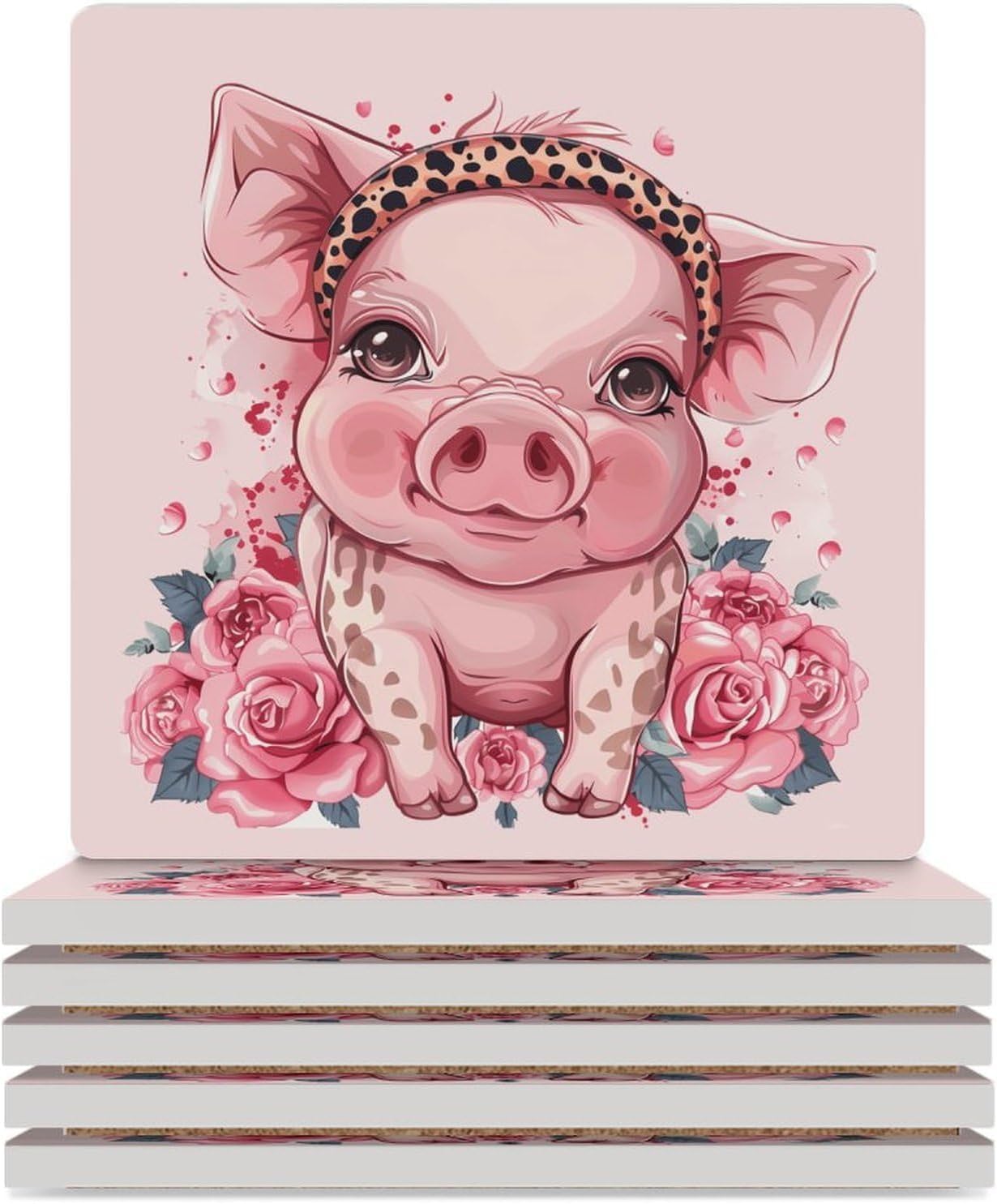 Pigs with Leopard Headband Flower Coaster for Drinks Square Ceramic Table Coasters Stone Mat Crafts 6PCS Home Kitchen Decor