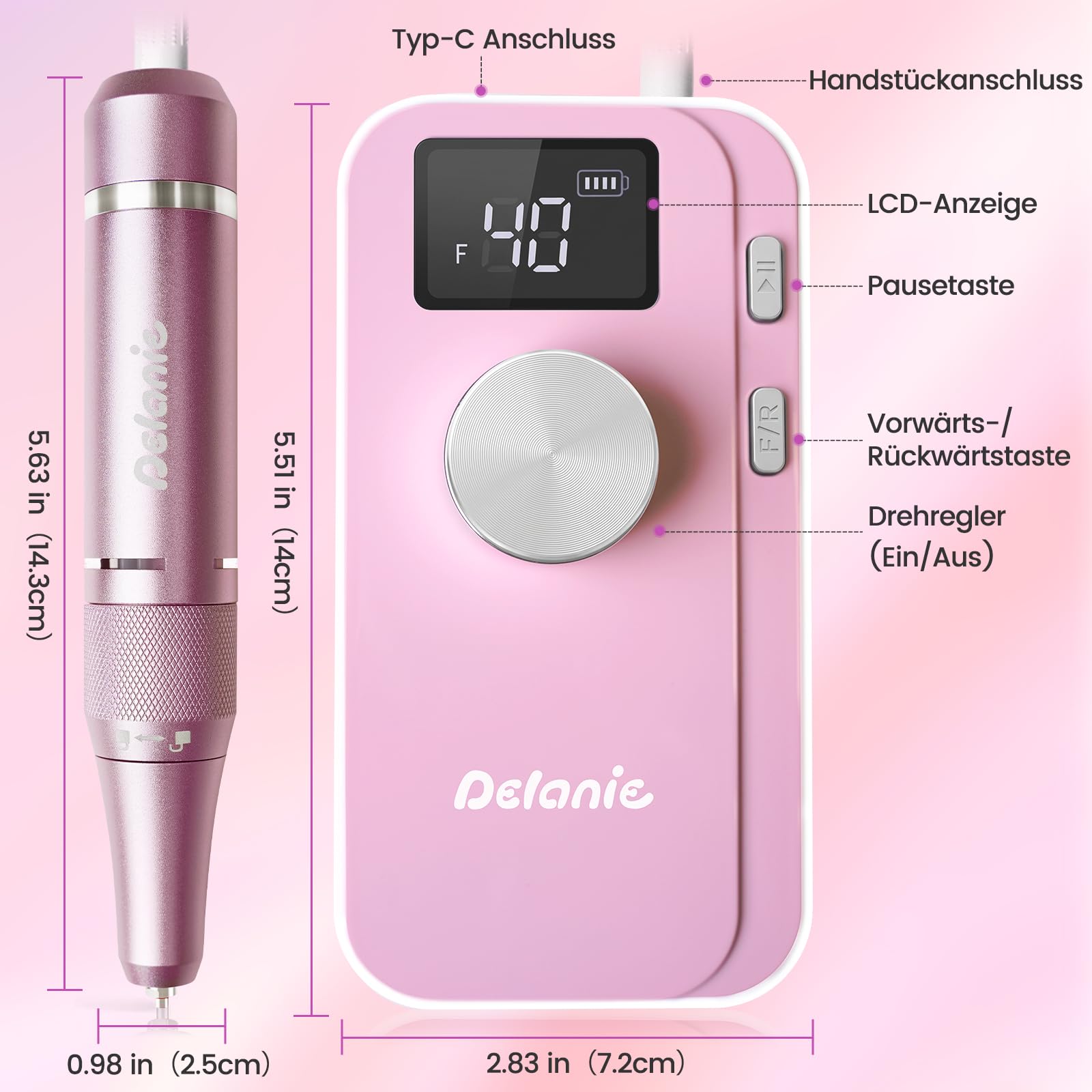 Delanie 40000 U/min elektrischer Nagelfräser für Gelnägel Acrylnägel, Rosa