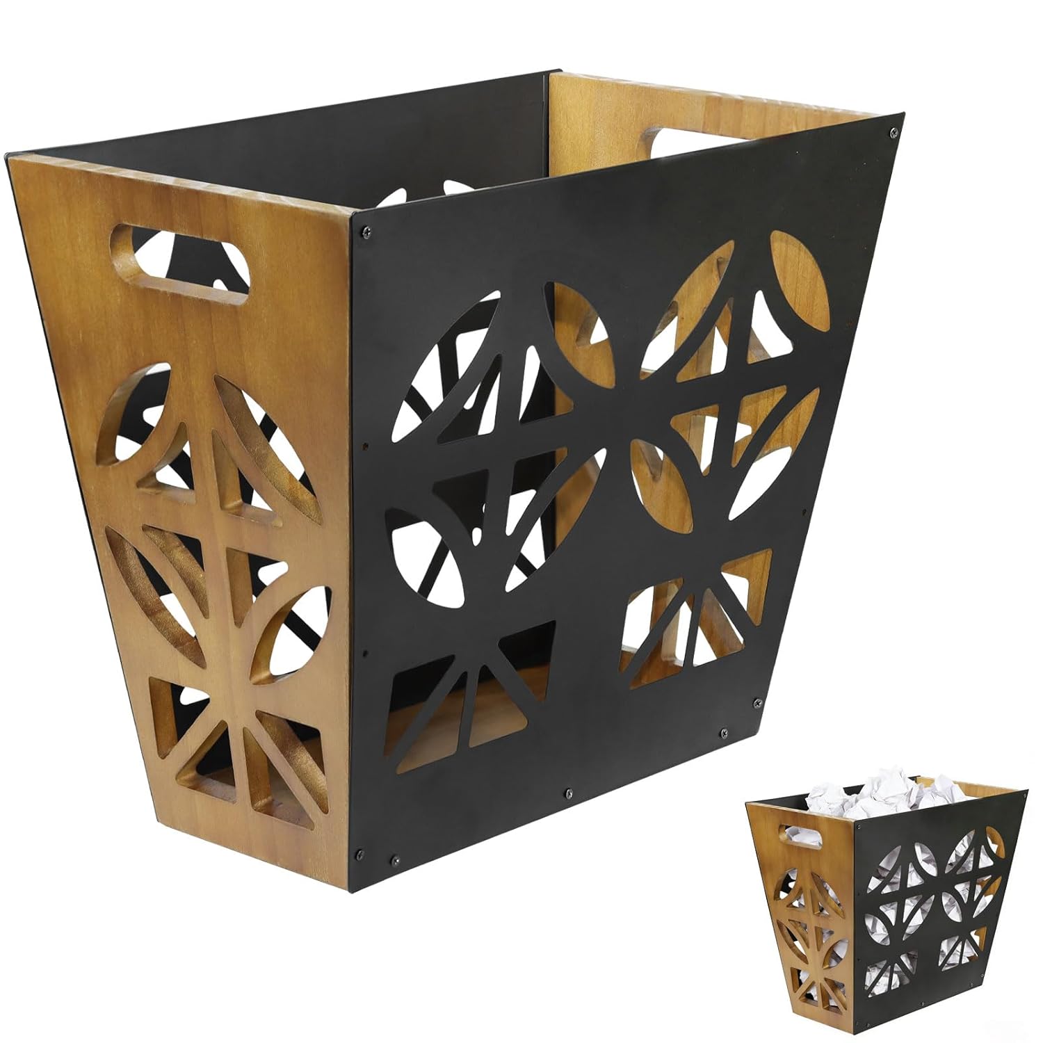 Wood Office Trash Can,Retro Bedroom Trash Can Decorative Bathroom Waste Basket with Handle Small Paper Wastebasket Rectangular Reclaimed Iron and Wood Storage Basket