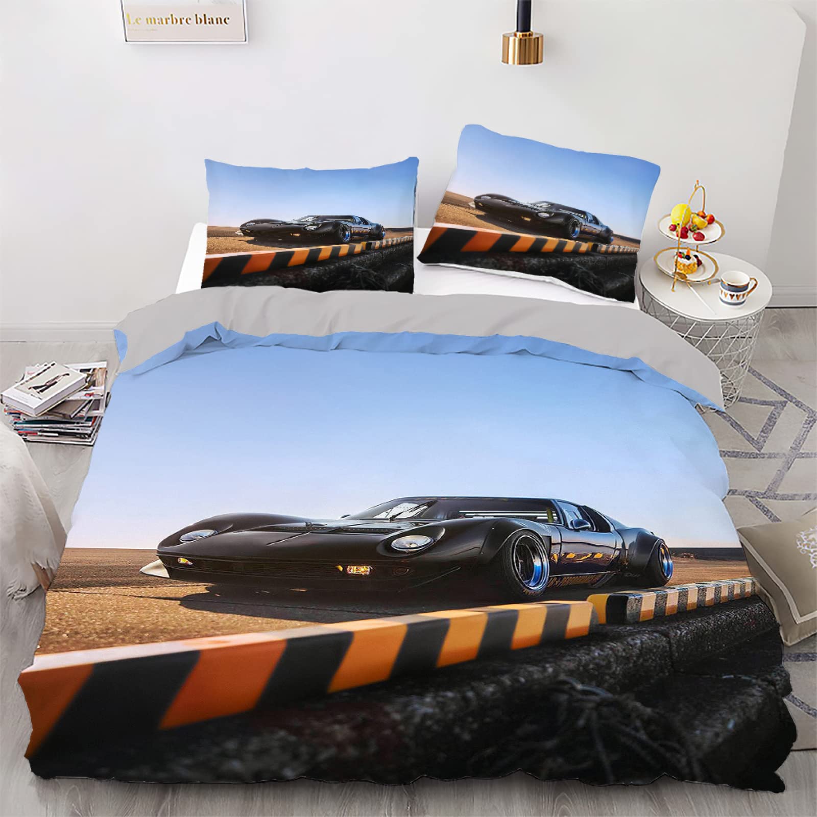 Housse de couette 160x200 voiture bleue zippée pour un lit enfant facile à faire