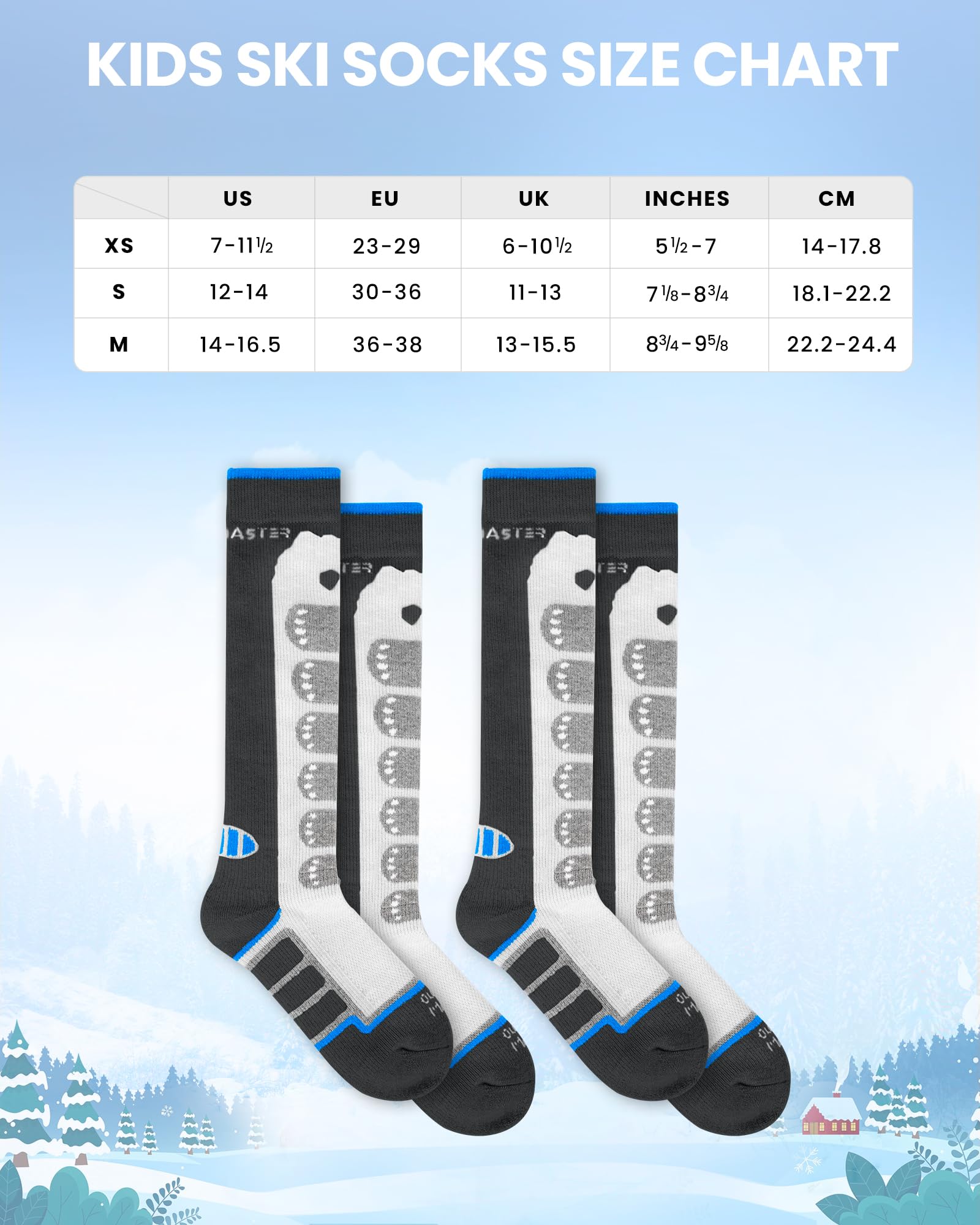 OutdoorMaster Calcetines de esquí para niños, paquete de 2 calcetines térmicos de compresión de invierno de lana merino, puños antideslizantes sobre la pantorrilla
