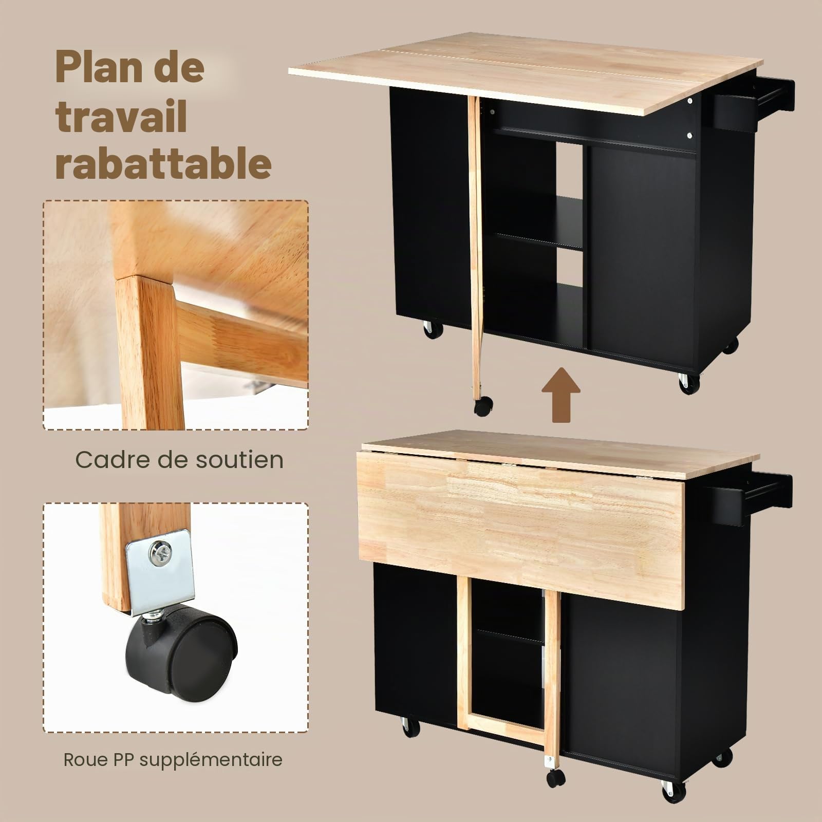 KOMFOTTEU Îlot Central Mobile avec Plan de Travail en Bois Massif, Desserte de Cuisine avec Tiroirs, Armoire à Porte & Étagères latérales, Desserte de Service, 124 x 76 x 92 cm (Noir)