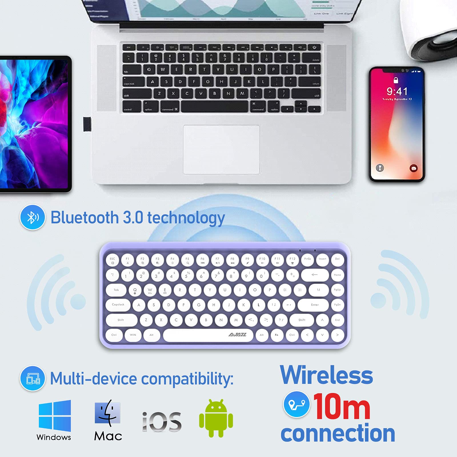 Teclado inalámbrico Bluetooth, lindo mini teclado compacto de 84 teclas, tecnología de conexión inalámbrica Bluetooth de 2.4GHz, tecla ABS retro redonda, panel mate, diseño ergonómico (púrpura)