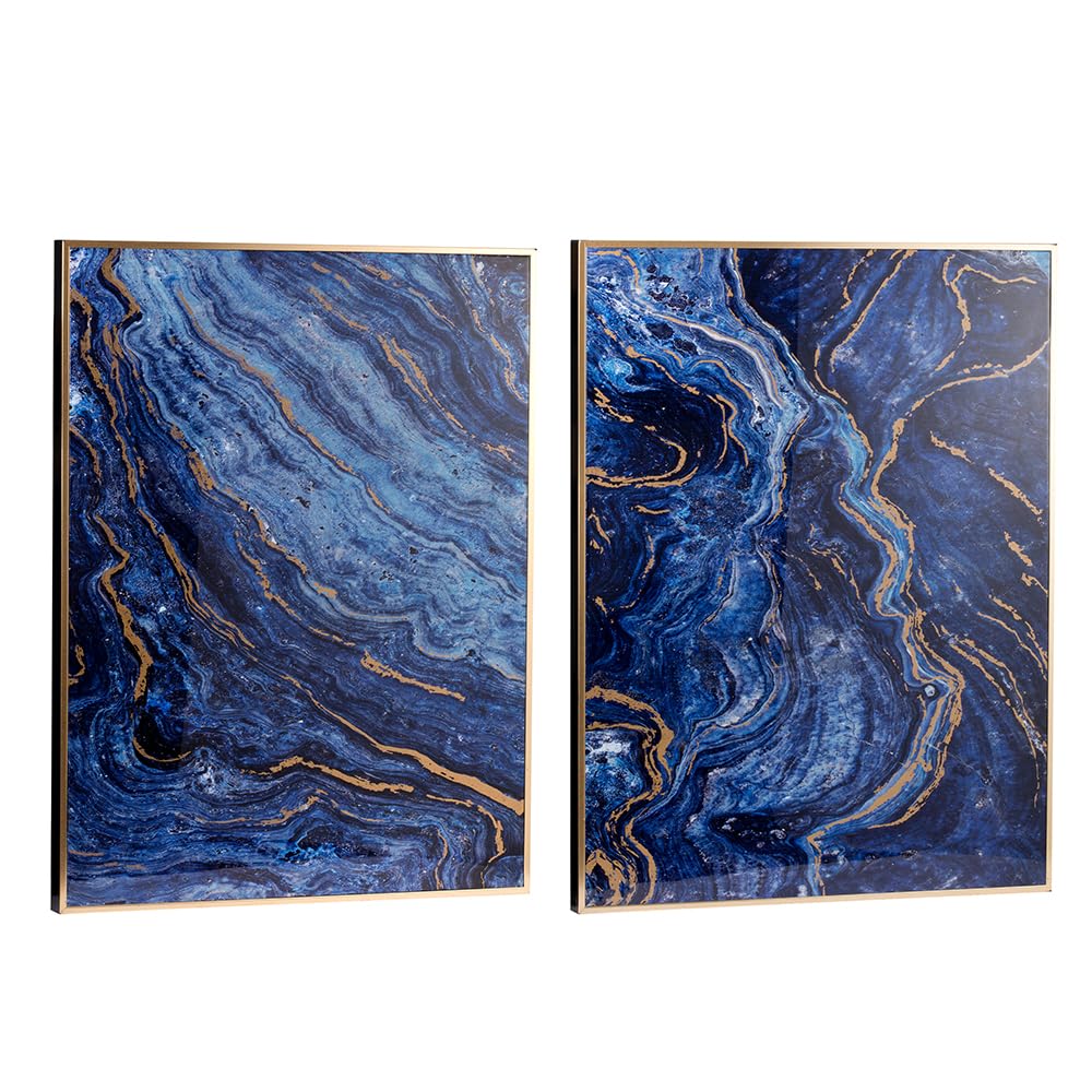 Set of 2 Blue and Gold Framed Art Panels, Unique Marbled Design, 30.5