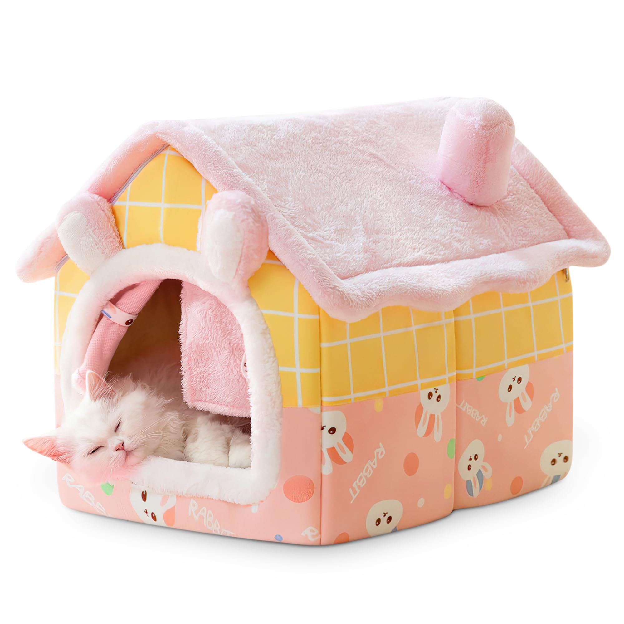 ALLSOPETS Casa Perro Interior y Casa para Gatos, Cama Cueva Plegable e Iglú de Felpa Cálida y Acogedora, Lavable con Cojín Extraíble y Fondo Antideslizante (Conejito Rosa, L)