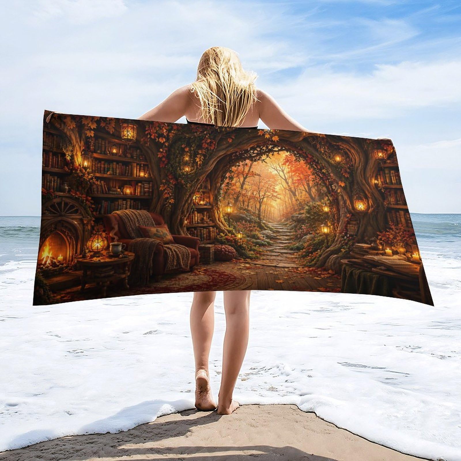 Anceky Enchanted Library Autumn Path Beach Towel 30"×60",Soft Microfiber Bath Towel Shawl, Quick Dry Absorbent Pool Spa Gym Shower Towel