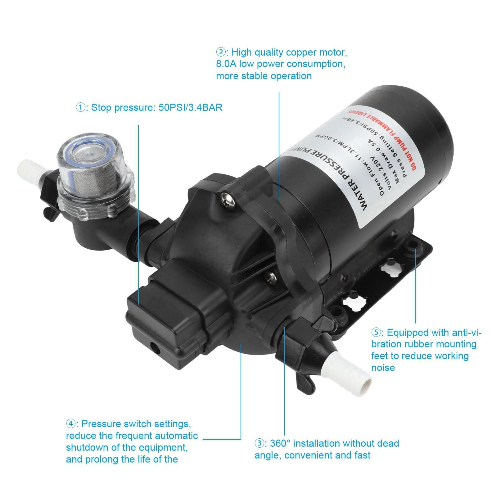 Pompe à Membrane à Eau, 220V 11.3LPM 50PSI Pompe à Membrane à Pression D'eau Auto-amor?ante pour Voiture, Camping-car, Yacht, Caravane, Bateau Marin