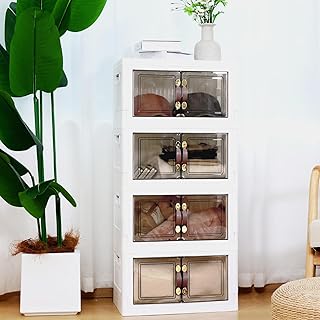 MOONEDGE 180QT Stackable Plastic Storage Bins with Lids & Handles, Foldable Collapsible Closet Organizer with Magnetic Doors and Side Locking, 4 Pcs for Bathroom, Living Room, Office, Garages