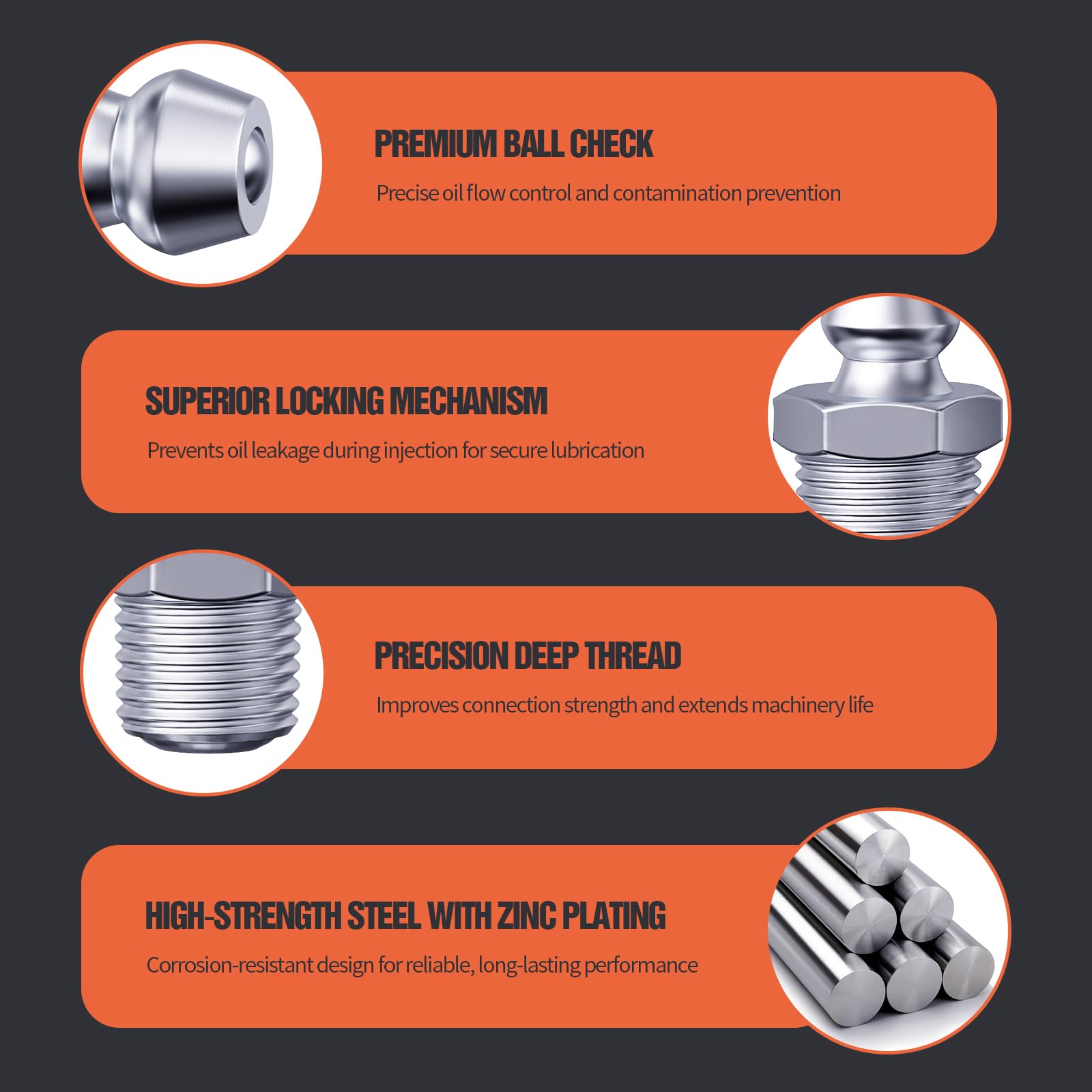 TRILINK 1/8"-27 Grease Fittings, SAE Grease Nipples with Straight, Zerk Grease Fittings Kit with Wrench for Quick Installation – Ideal for Automotive, Agricultural & Industrial Machinery (60pcs) - 5