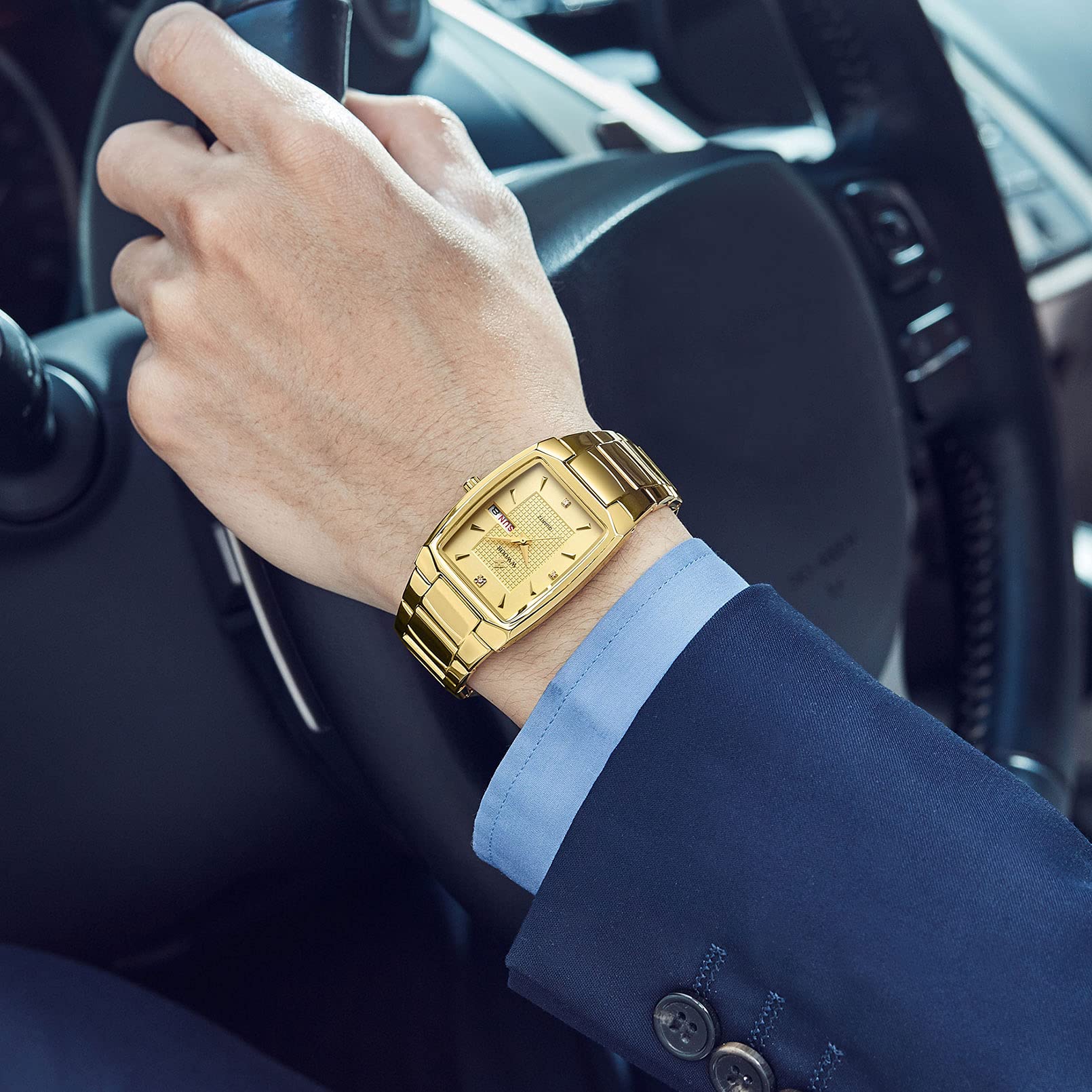 WWOOR Orologio quadrato da uomo, in acciaio inox, analogico, al quarzo, cronografo, con data automatica, tutto oro, cronografo, Tutto Oro, Cronografo