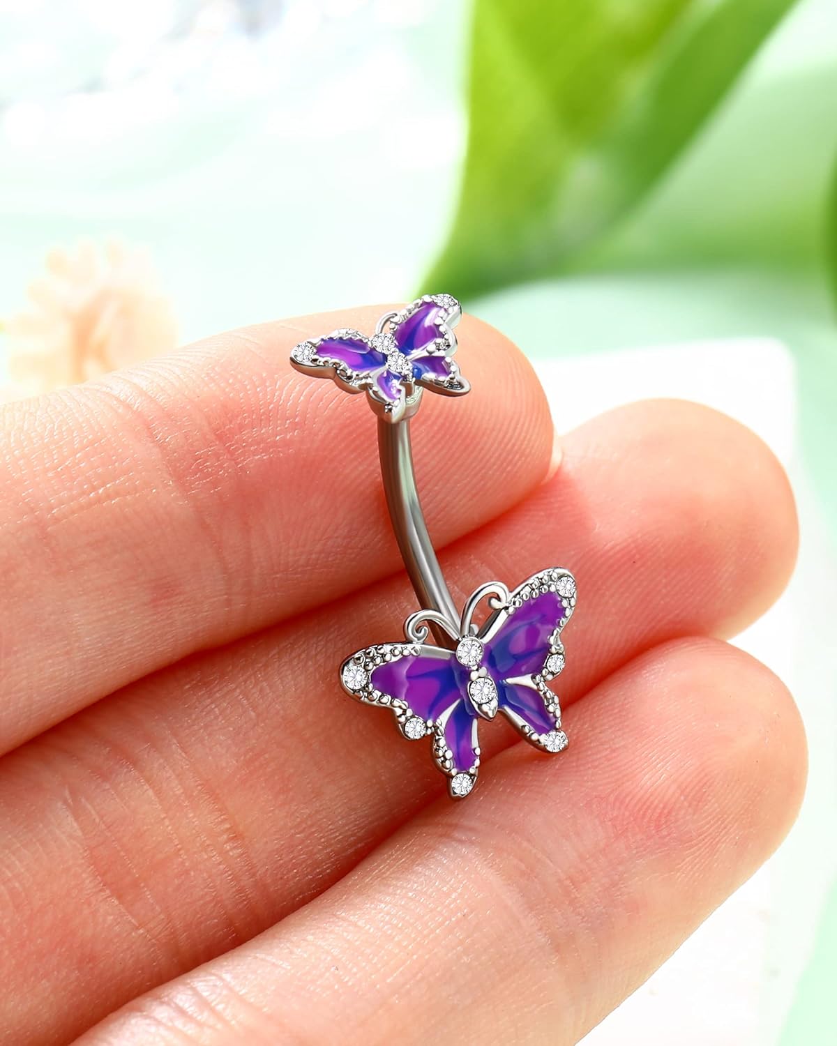 Jewseen Butterfly Belly Button Ring Surgical Steel 14G Belly Ring Purple Navel Piercing Jewelry Curved Barbell Belly Piercing Jewelry for Women - Image 2
