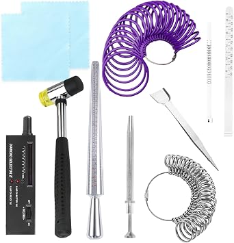 Jewelry Ring Sizer Tool Kit with Diamond Tester, Ring Mandrel & Rubber Hammer Professional Ring Size Gauge Set for Jewelry Repair, Ring Sizing & Jewelry Making