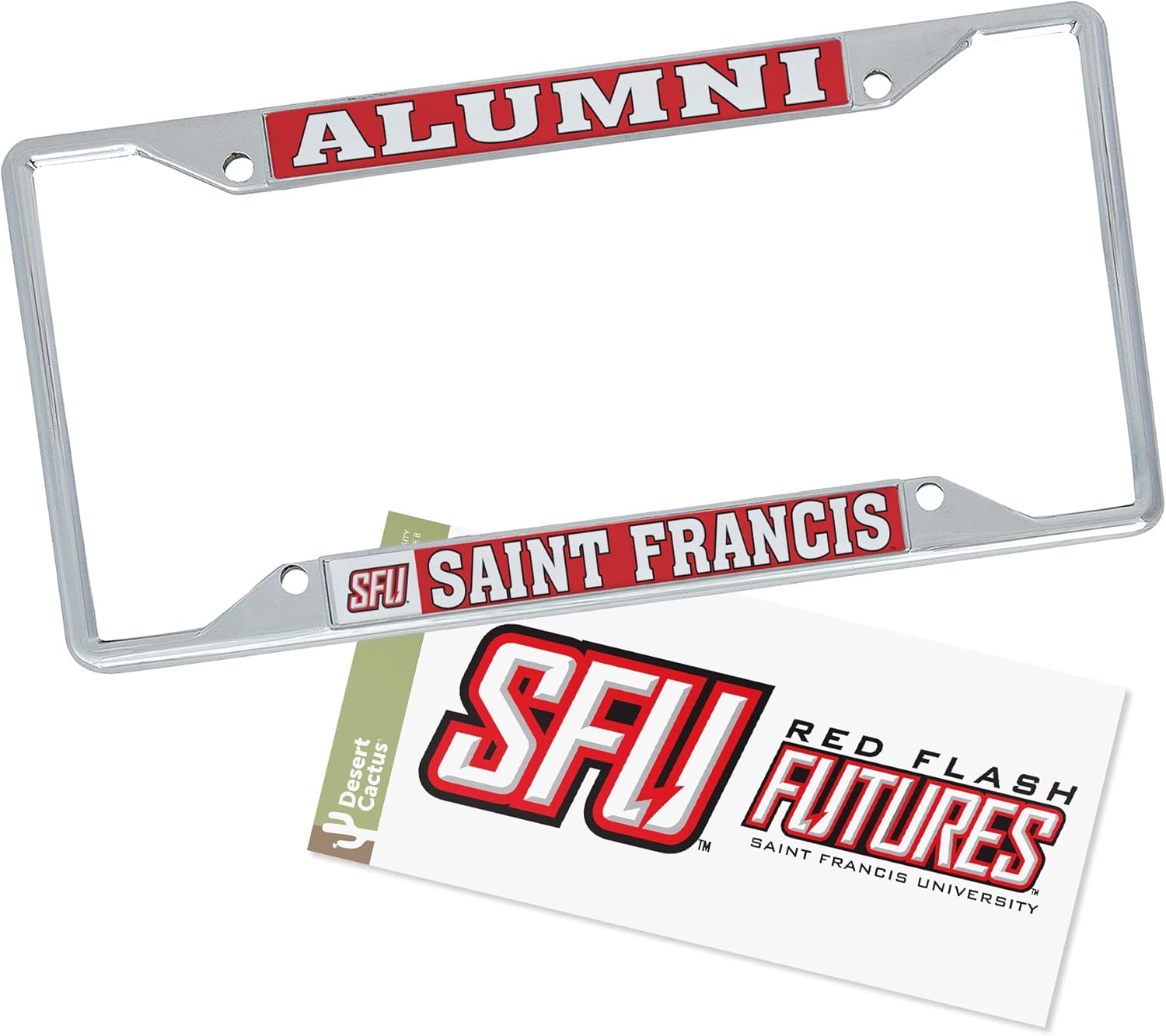 Desert Cactus Saint Francis University Car Accessories Metal License Plate Frame and Sticker for Front or Rear of Car (Sticker Frame Combo - Alumni)