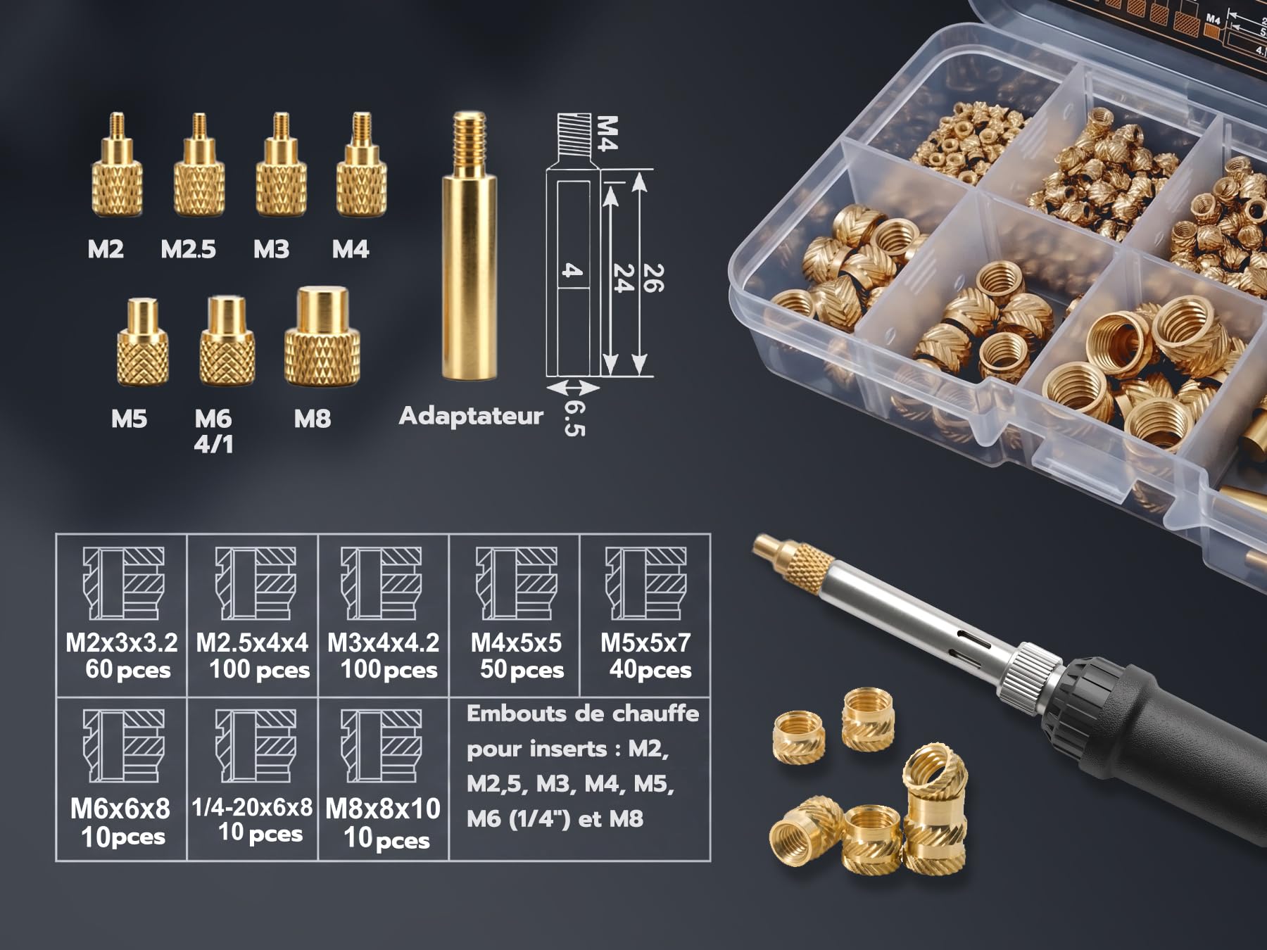Kit d'outils d'insertion thermique, écrous en laiton, impression 3D, 60 W, fer à souder numérique, 380 pièces, inserts filetés M2-M8