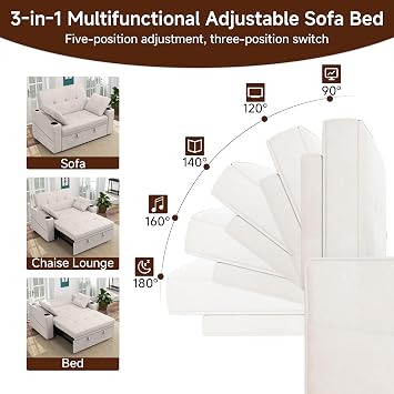 3-in-1 Loveseat Sofa Bed, Chenille Convertible Sofa, Beige