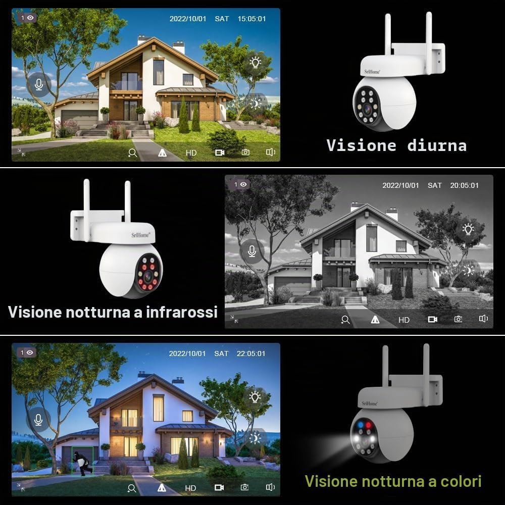 SRIHOME 5MP HD PTZ Telecamera di Sorveglianza, Rilevamento umano, Tracciamento del movimento, Allarme sonoro e luminoso, Audio bidirezionale, Uso esterno/interno