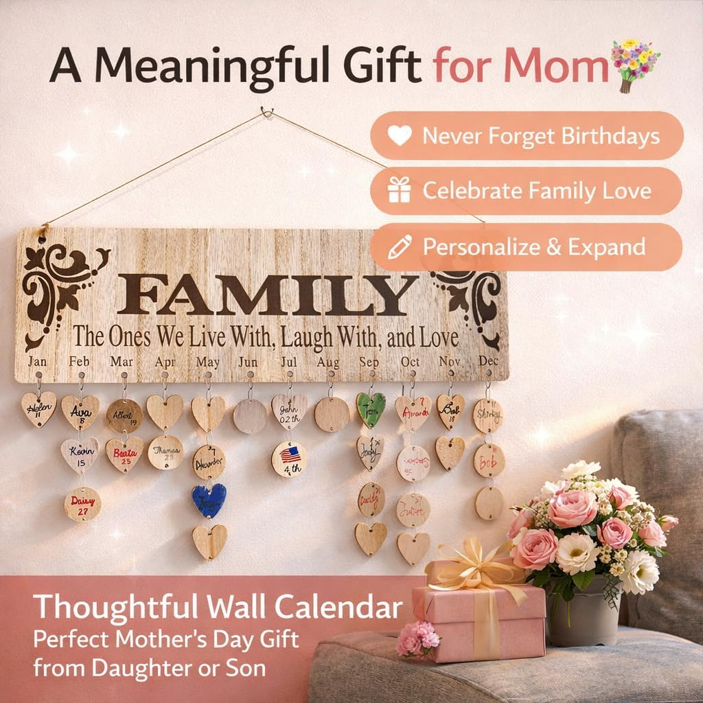 Mother’s Day Gift for Mom Grandma - Wooden Family Birthday Reminder Calendar Board with 100 Tags, Wall Hanging Farmhouse Home Decor DIY Anniversaries Tracker Plaque