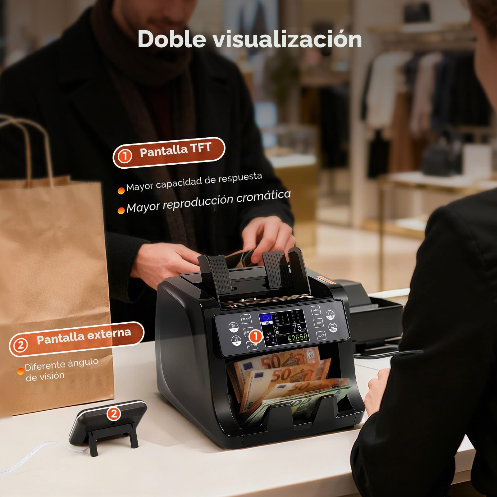 Bonvoisin Maquina de Contar Billetes, Totaliza Las Denominaciones Mixtas | 1500 Billetes/Min, Detección UV/IR/MG/MT, Clasificación, Lotes y Acumulación, Pantalla TFT HD, Para Bancos y Empresas