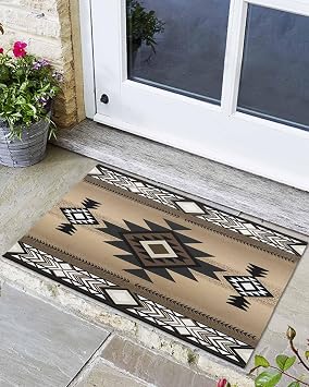 Welcome Mats for Front Door, Abstract Boho Brown Geometric Pattern Rugs Non Slip Absorbent Indoor Doormat, Retro Southwest Theme Entrance Rug Washable Floor Mats for Entryway,16x24in