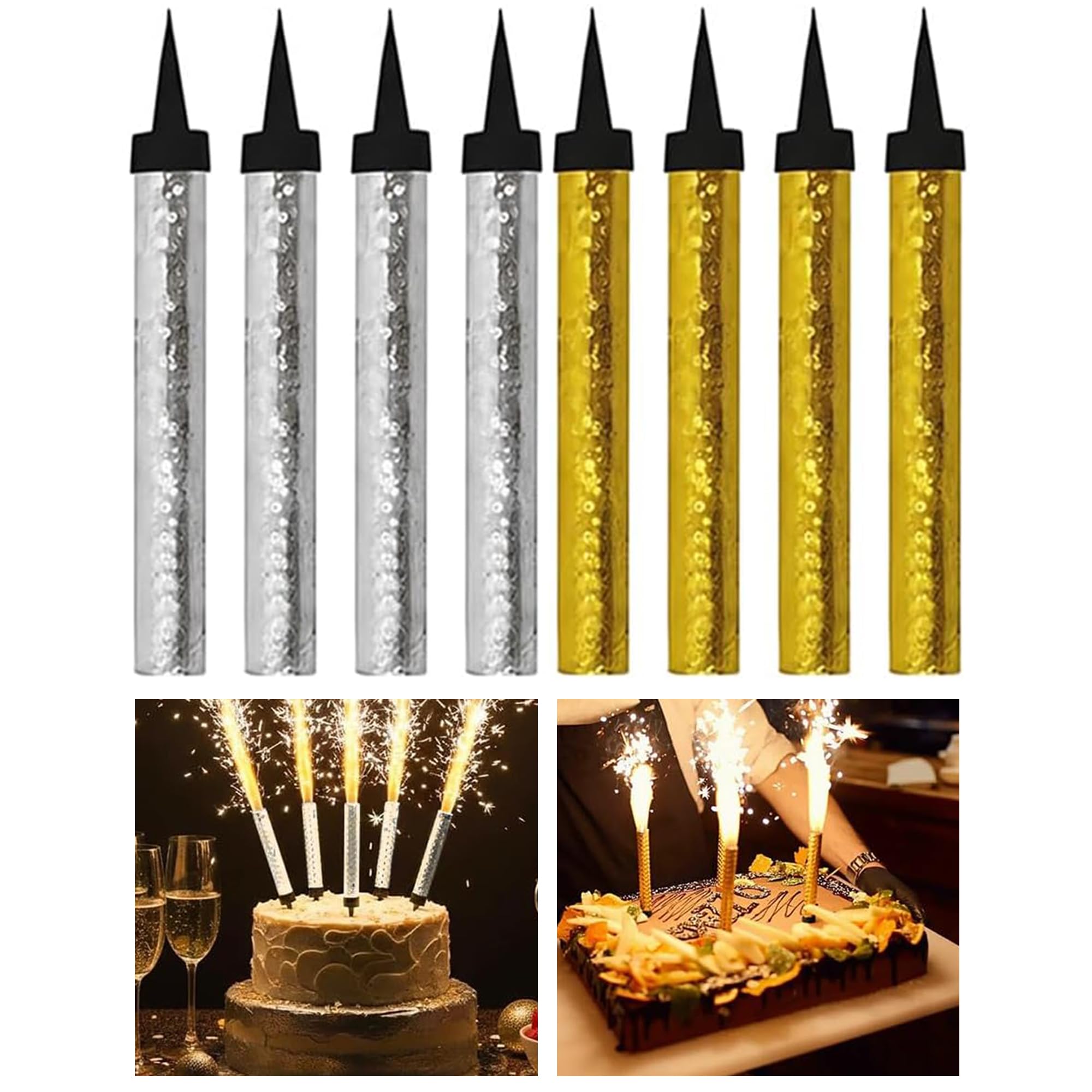 CRSTAL25 Silver & Gold Sparkling Fountain Candles in Pack of 8 | Low-Smoke, Bright Sparkle & Long-Lasting Effect | Great for Birthdays, Anniversaries, Weddings & Parties — image 1