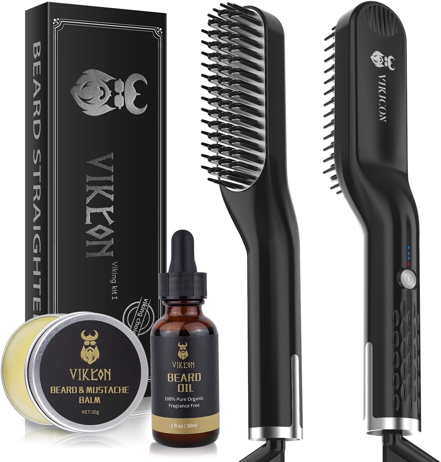 Beard Straightener for Men with FREE Beard Oil and Beard Balm, Fast Anti-Scald Beard Straightening Comb, Double Sided Ceramic Heated Beard Brush 3 Temperature Settings Portable for Travel and Home