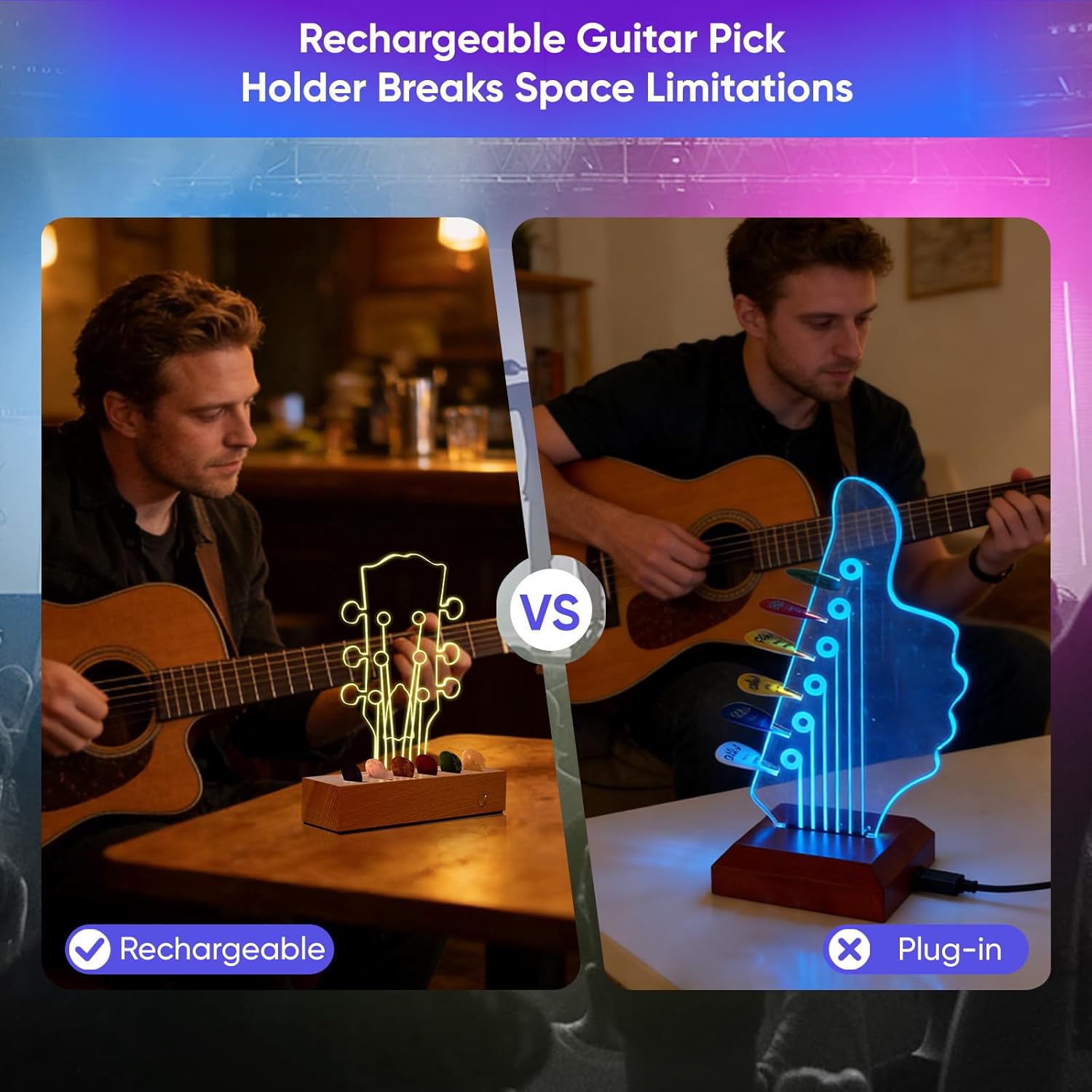 Light Up Guitar Pick Holder: Rechargeable Picks Display Case with Light Touch Contorl - Guitar Pick Storage Box with 6 Guitar Picks Guitar Accessories for Bass Ukulele (Classic Headstock)