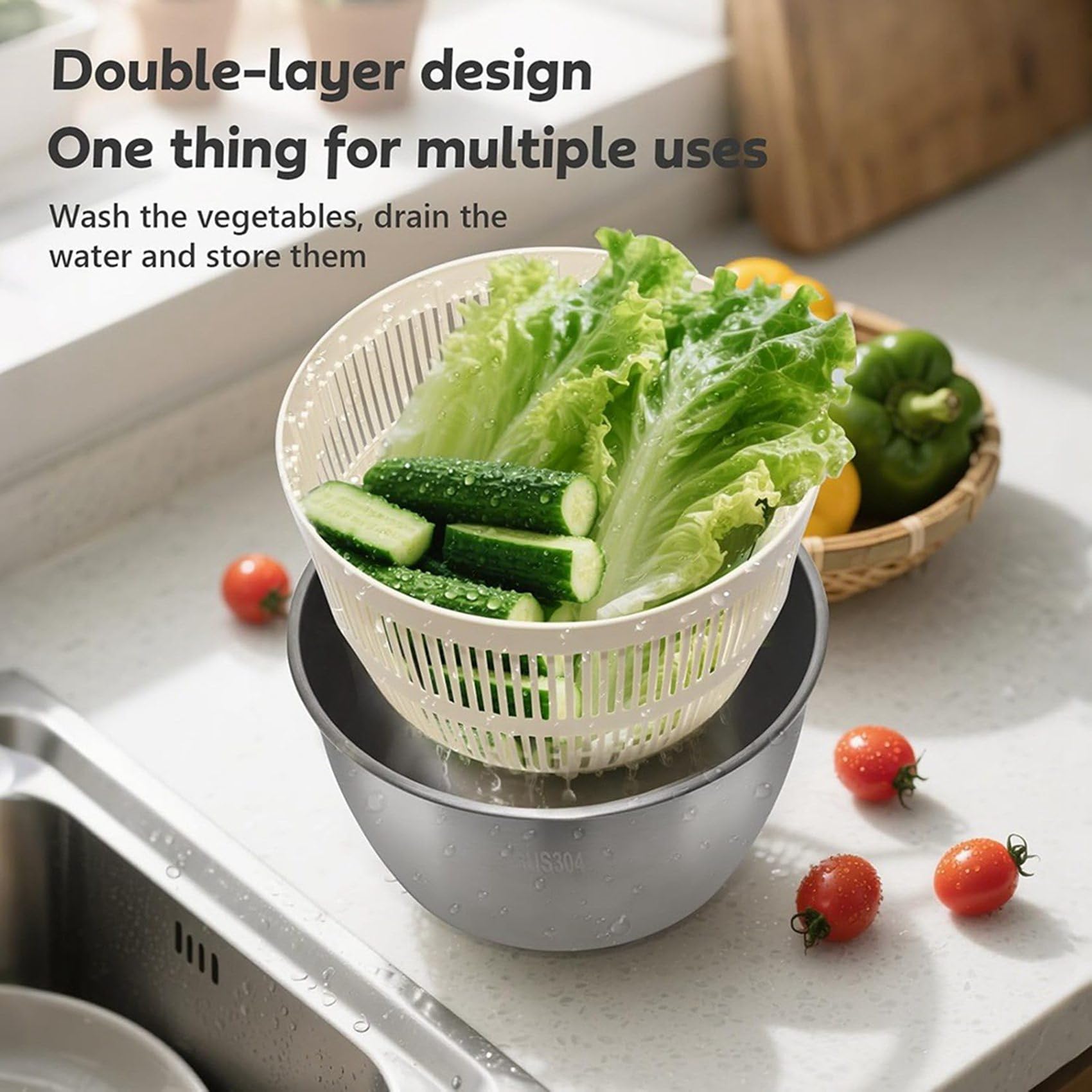 Centrifugadora de Lechuga de Acero Inoxidable con Tapa, Recipiente, Escurridor y Base Antideslizante. Manual Compacto con de Apertura Rápida.