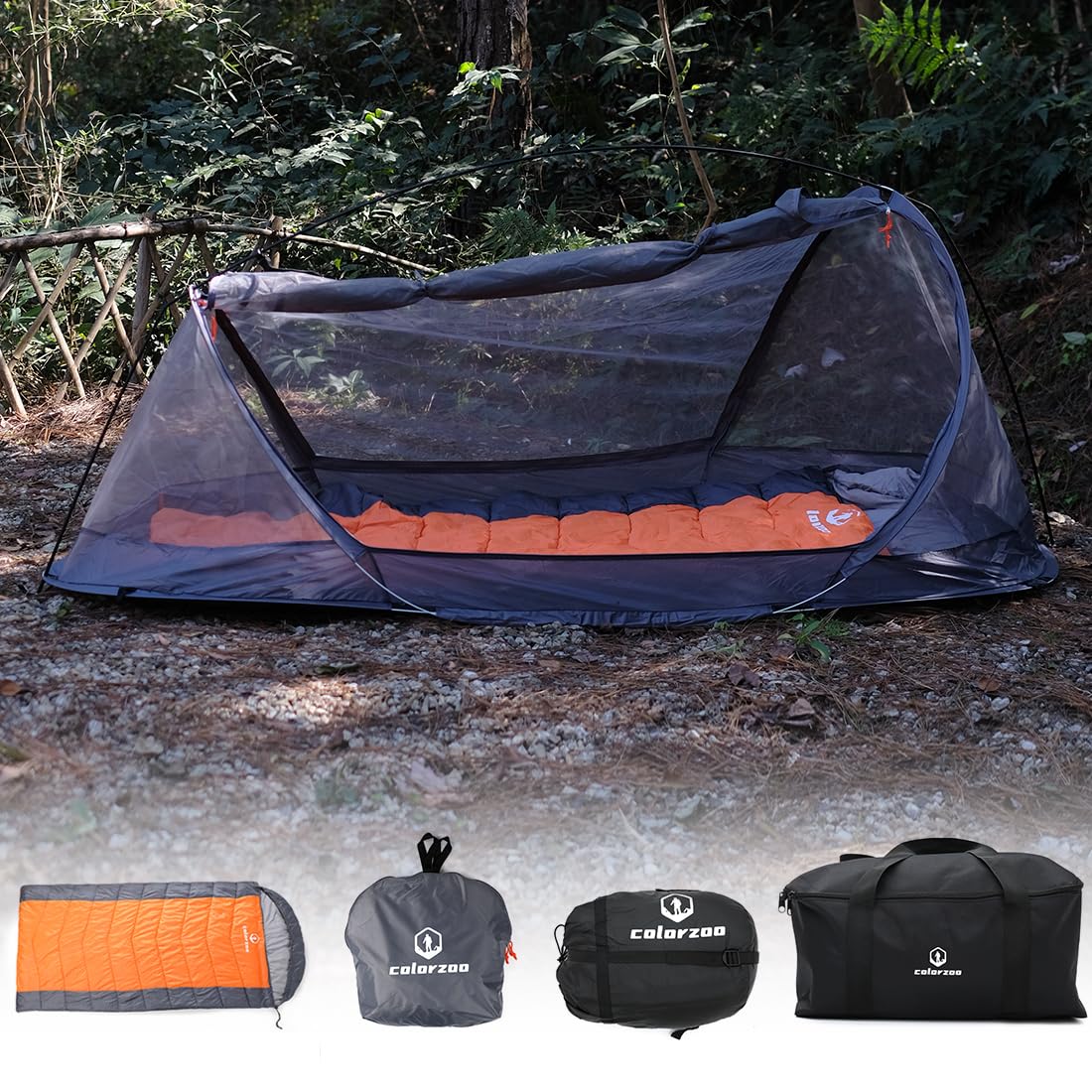 COLORZOO Einzelpersonen-Bivy-Zelt, Camping-Moskito-Zelt mit Schlafsack- Kombination