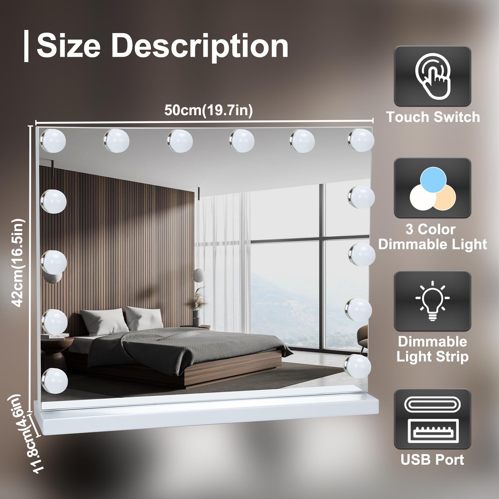Hollywood Specchio Trucco con Luci, 50x40cm Specchio LED con 14 Lampadine Dimmerabili, 3 Modalità, USB e Ingrandimento 10x, Controllo Tattile, Tavolo o Supporto da Parete per Camera da Letto