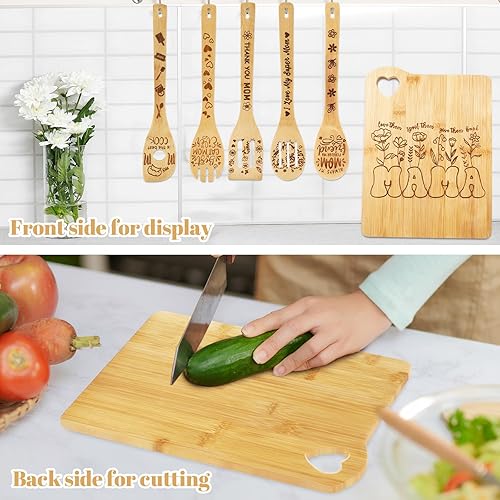 Miniatura 5 de JarThenaAMCS Tabla de cortar de madera de bambú para cocina con cucharas quemadas, mesas para picar, juego de utensilios de cocina grabados, regalo