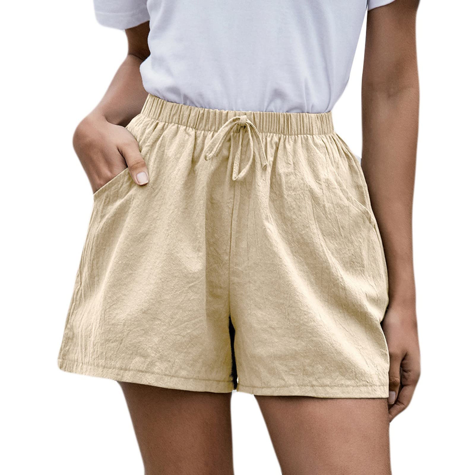Womens Solid Cotton Linen Shorts Casual Drawstring Elastic Waist Summer Basic Shorts with Pockets Running Track Shorts