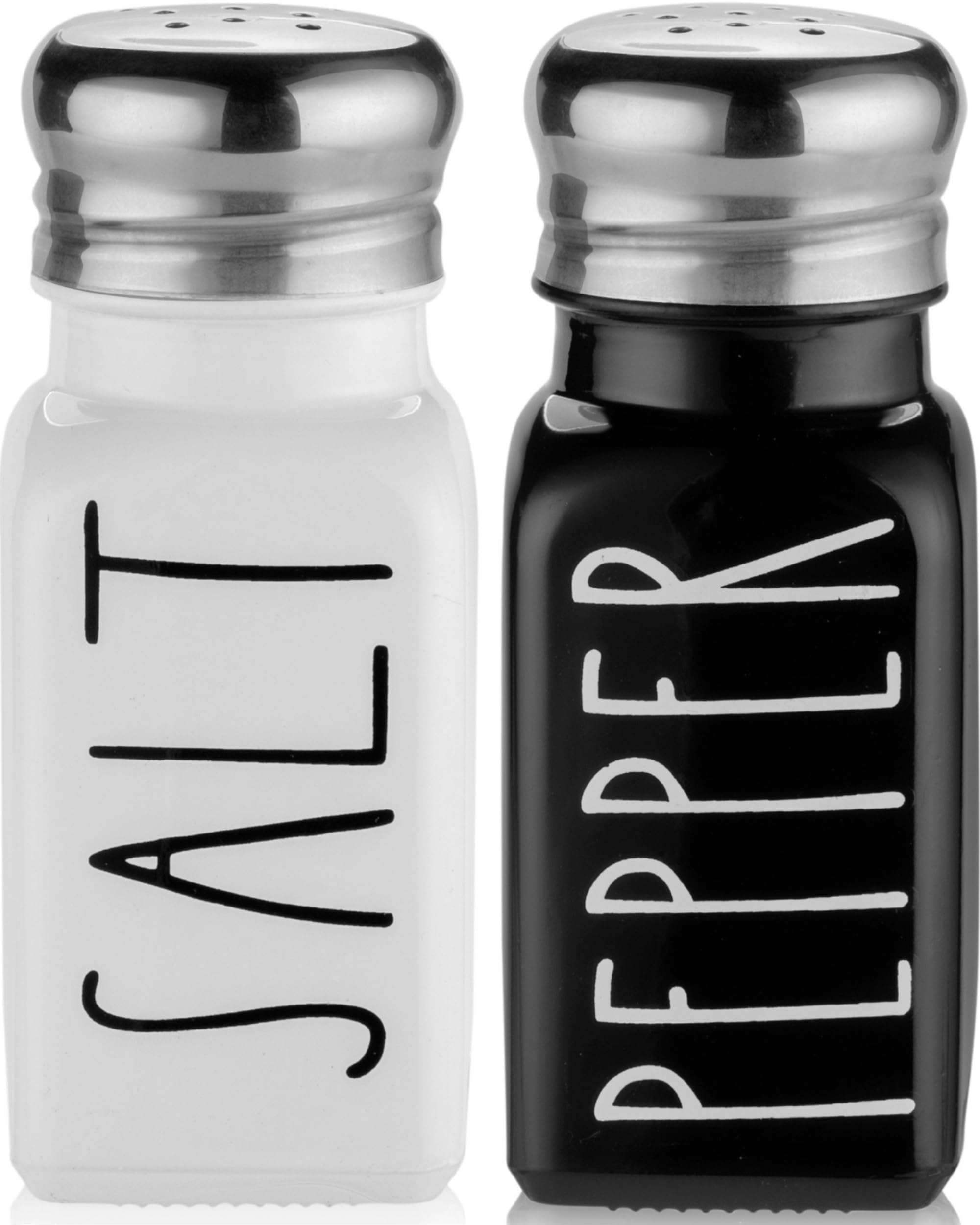 Farmhouse Salt and Pepper Shakers Set by Brighter Barns - Cute Modern Farmhouse Kitchen Decor for Home Restaurants Wedding - Gorgeous Vintage Glass Black White Sets with Stainless Steel Lids