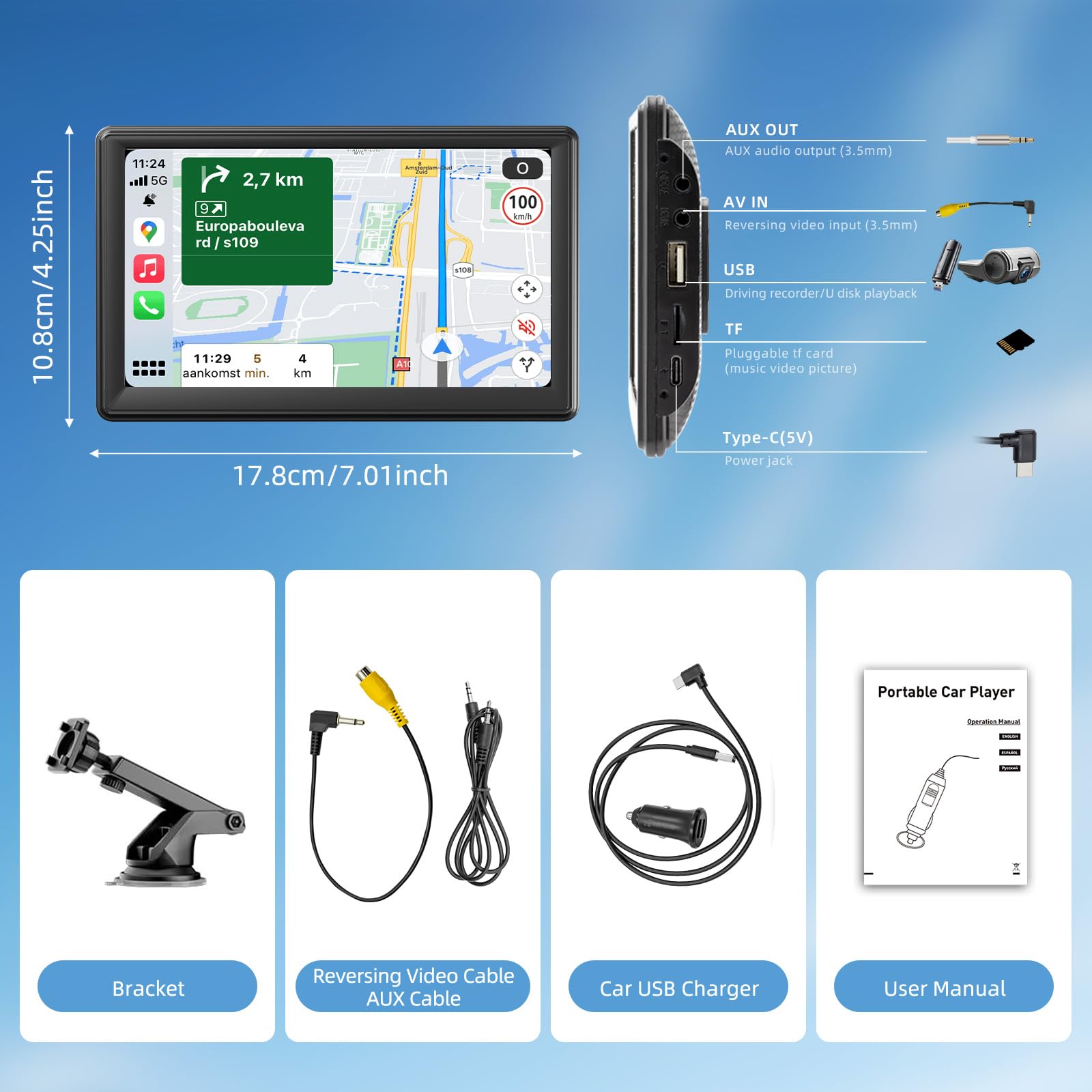 Pantalla Coche, 7" Pantalla Carplay Coche para A-pple y Android con HD Pantalla Tactil, Inalámbrica, Navegación GPS, Bluetooth, Control por Voz Manos Libres, Mirror Link, AUX, FM, Siri & G-oogle