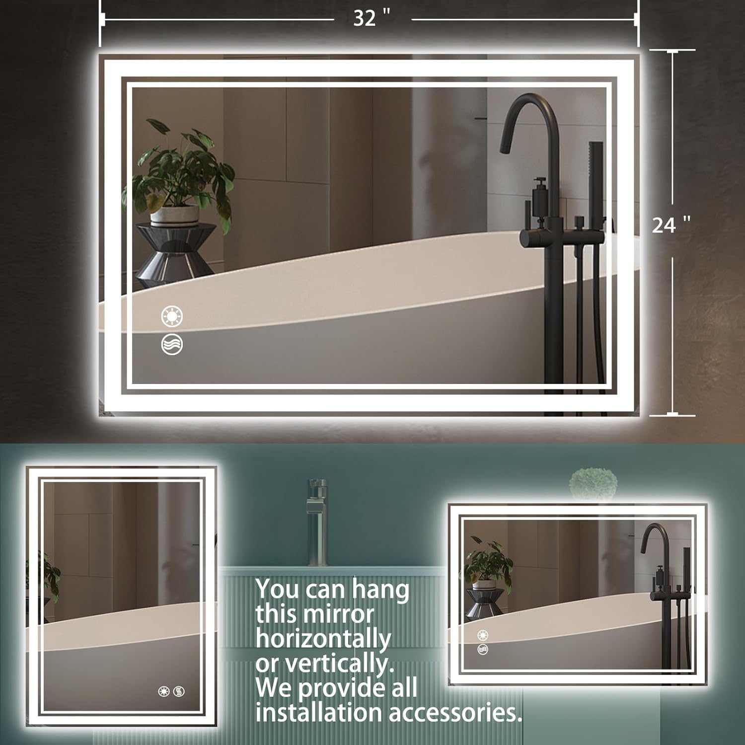 COLMERD 2pack 24 x 32'' LED Mirror for Bathroom Brightness Anti-Fogging LED Bathroom Mirror with Lights Memory 3 Colors Dimmable Samrt Mirror Touch Sensor Wall Mounted (Horizontal/Vertical)