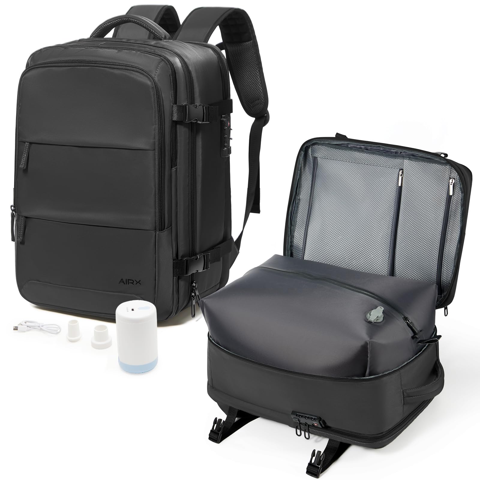 VGCUB Travel Vacpack Backpack with Electric Pump Vacuum System Storage Compression Carry on Laptop Work Business Waterproof College Backpack with Combination Lock for Women Men Black