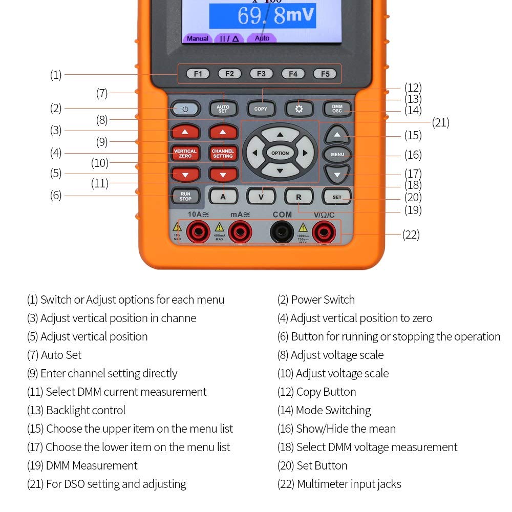 Oscilloscopio digitale, HDS1021M-N Digital Storage Single Channel oscilloscopio portatile e Multimeter 20MHz di banda 500M / s Frequenza di campionamento