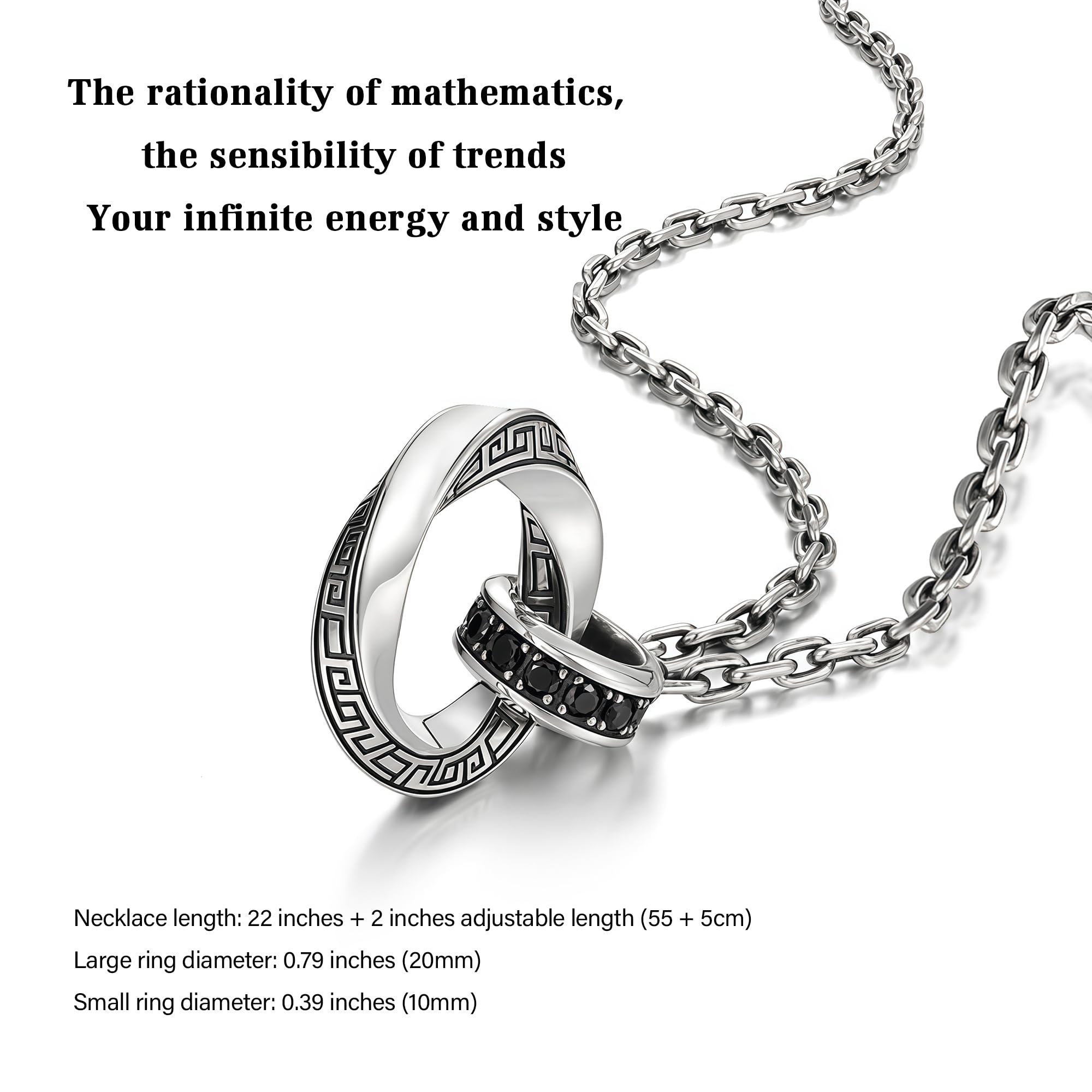 Möbius Strip Men's Necklace, Double Ring Black Onyx Pendant Necklace for Men, Silver Interlocking Circle Mens Necklaces holiday,Jewelry Gift for Him Boyfriend Husband (22+2Inchs)