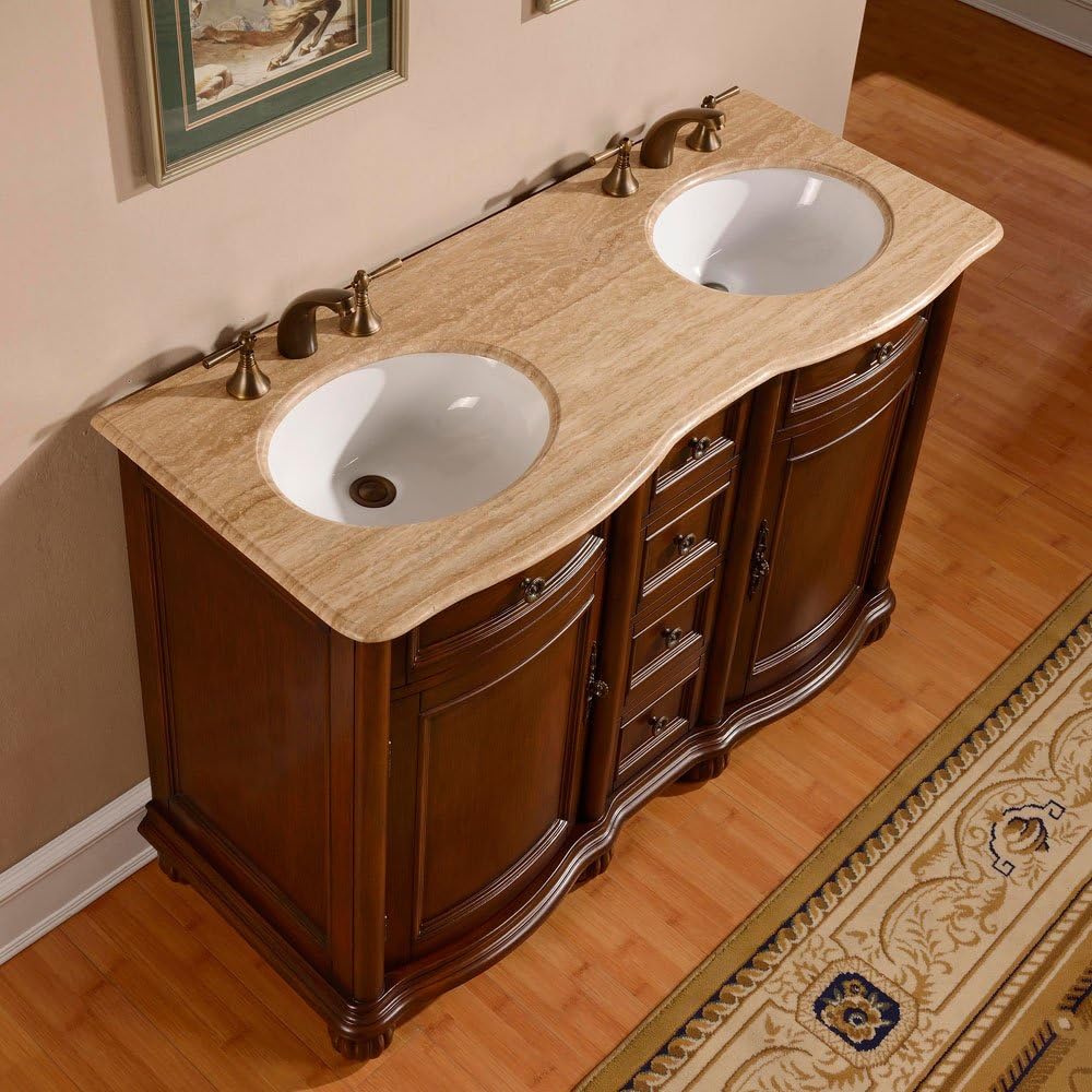 Silkroad Exclusive Countertop Travertine Double Sink Bathroom Vanity with Cabinet, 52", English Chestnut