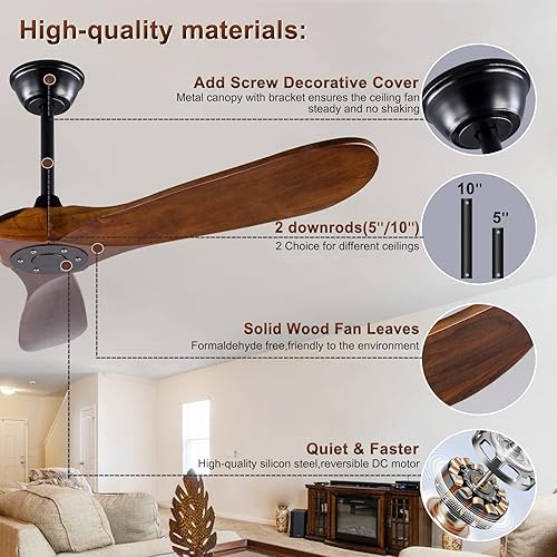 Miniatura 3 de KBZZ Ventilador de techo de 36 pulgadas sin luz con control remoto, ventiladores de techo de madera sin luces, 6 velocidades, motor CC reversible,