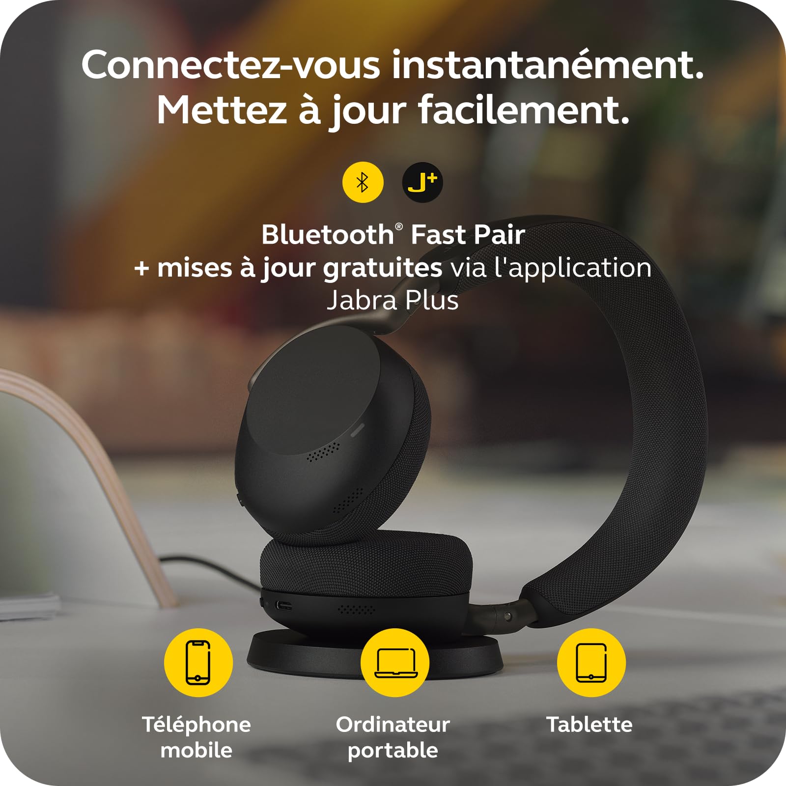 Jabra Evolve3 75 Casque on-Ear Bluetooth sans Fil avec Micro et Station de Charge pour Travail, USB-C, IA Appel Vocal, ANC Avancée, 22h, MS Teams Certifié, Noir